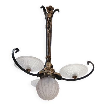 Lampe suspendue en fer forgé Art Déco français, verre pressé, années 1920-1930