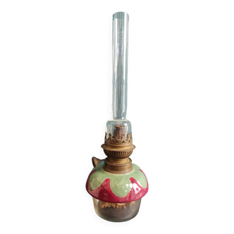 French vintage oil lamp with majolica and glass base