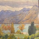 Old painting, landscape of a Swiss lake, signed A Bezencon, dated 1921