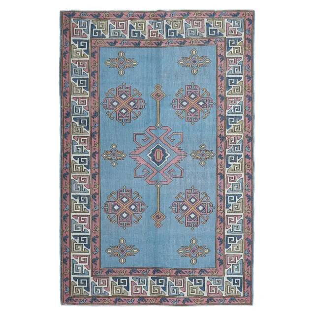 Vintage Turkish hand-knotted wool cotton blue area rug 170x259