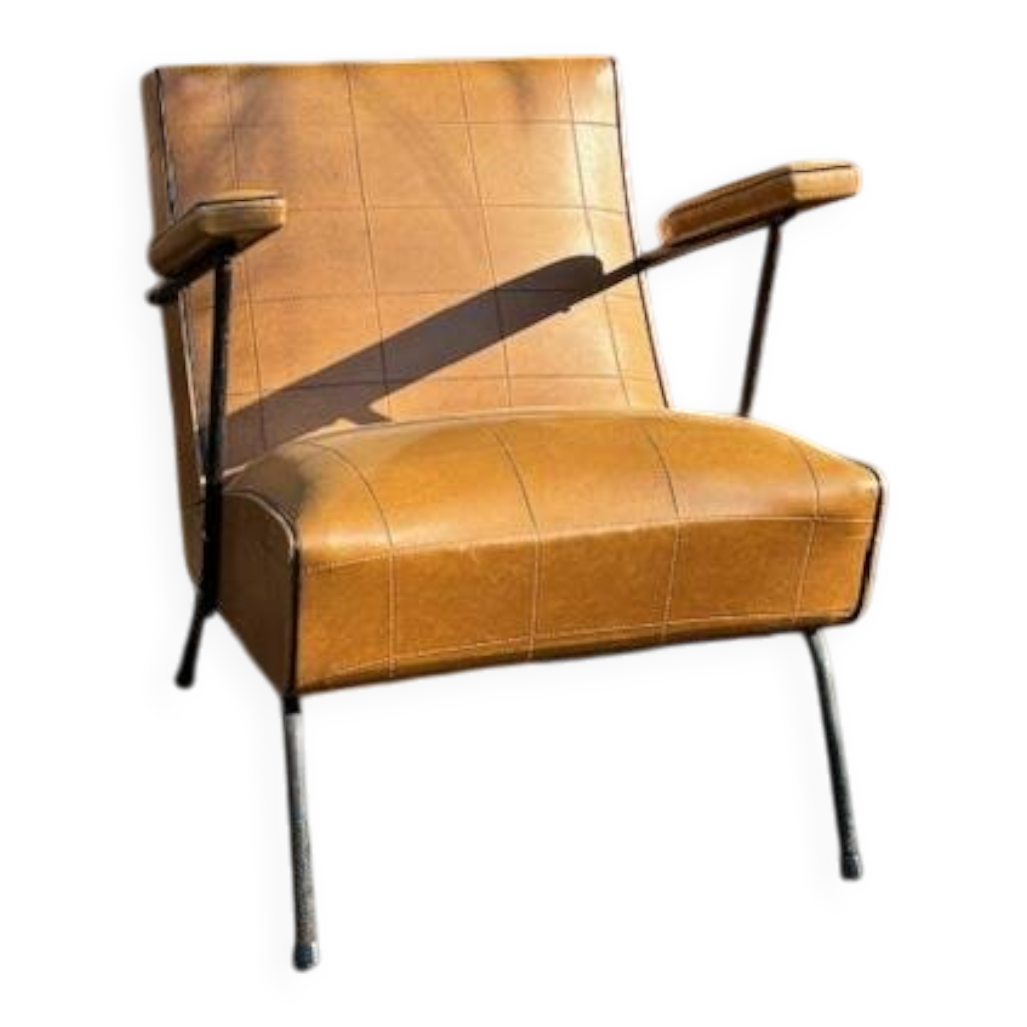 4 camel faux leather armchairs, 1950s