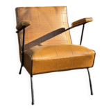 4 camel faux leather armchairs, 1950s