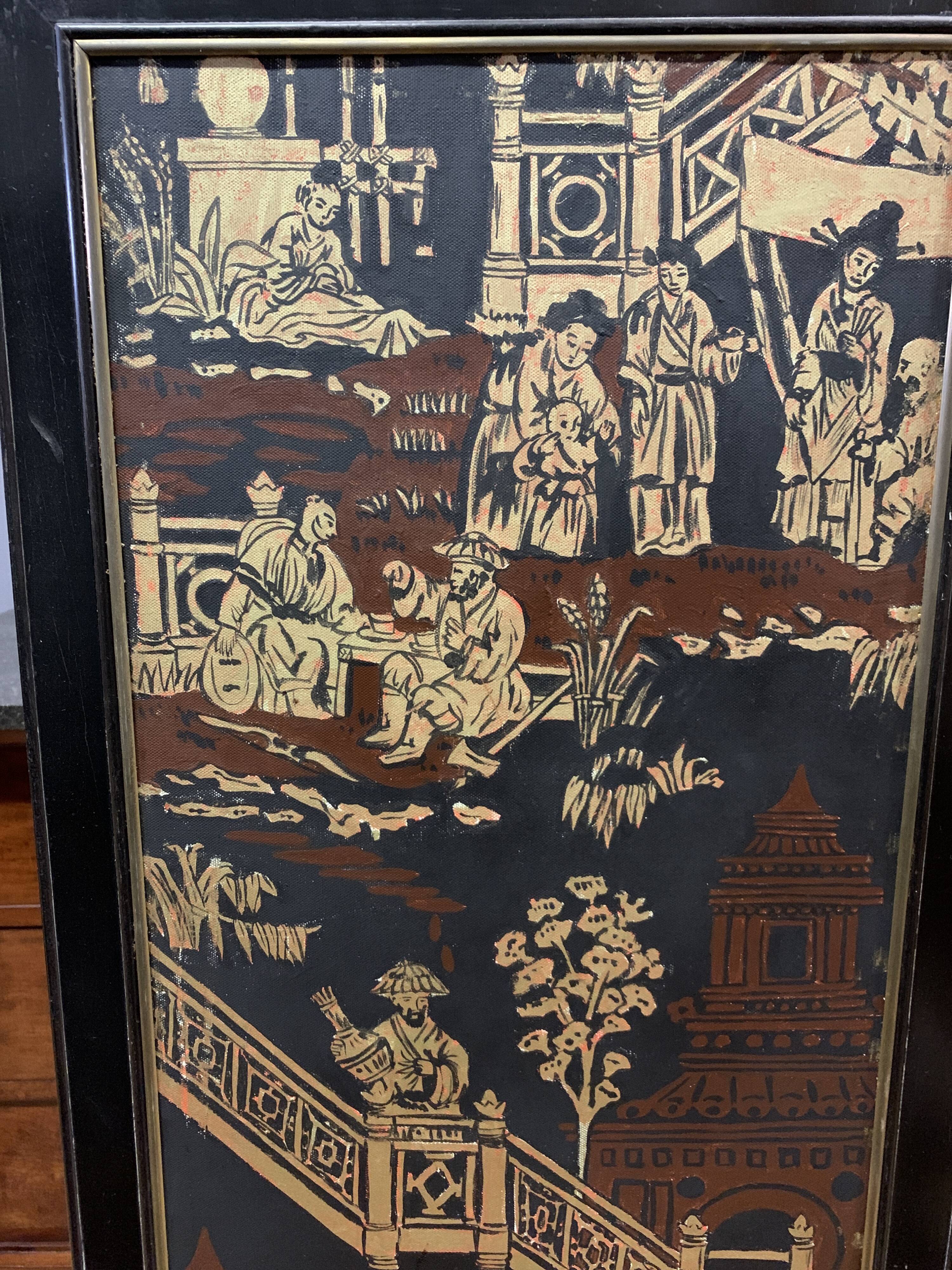 Screen with Japanese decor and black lacquer