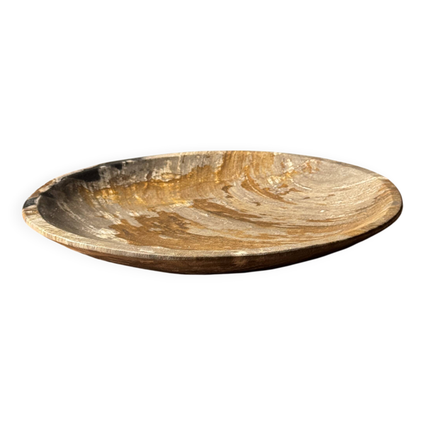 Vide poche, plat ou assiette circulaire en bois pétrifié gris orangé D25,5