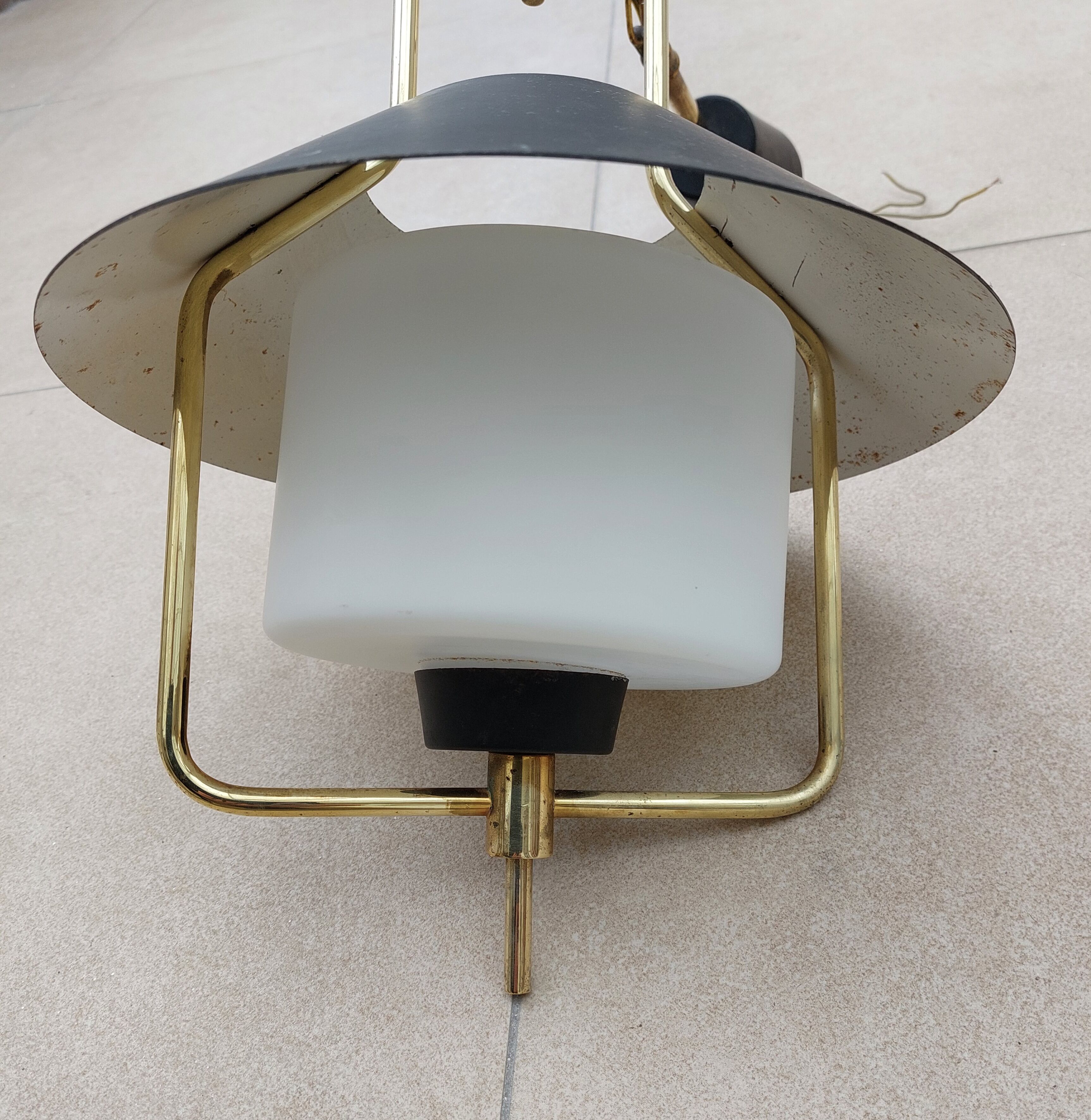 Lantern chandelier in brass and opaline glass 1940