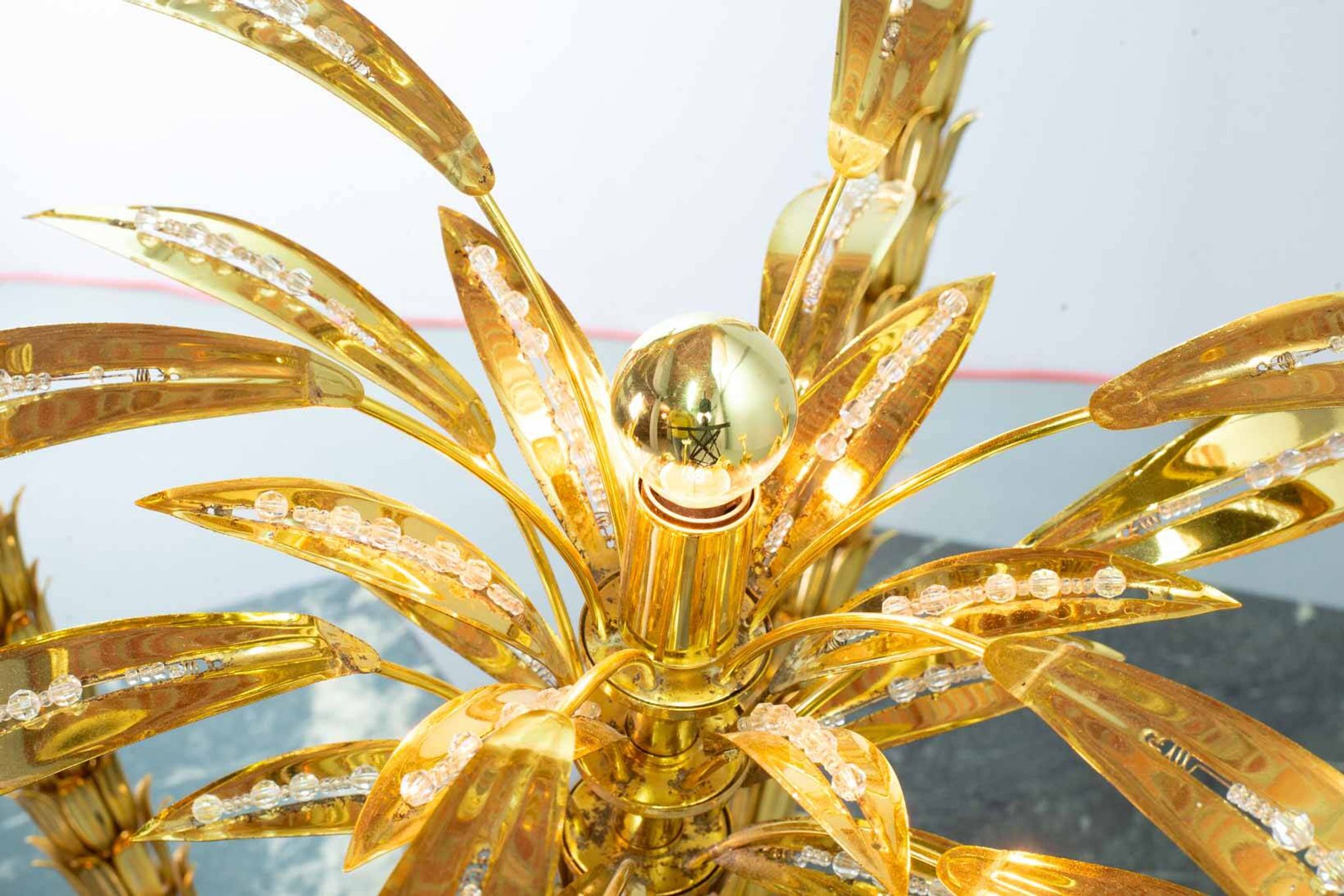 Exquisite Italian Golden Palm Tree Floor Lamp with 3 Sparkling Branches 70s