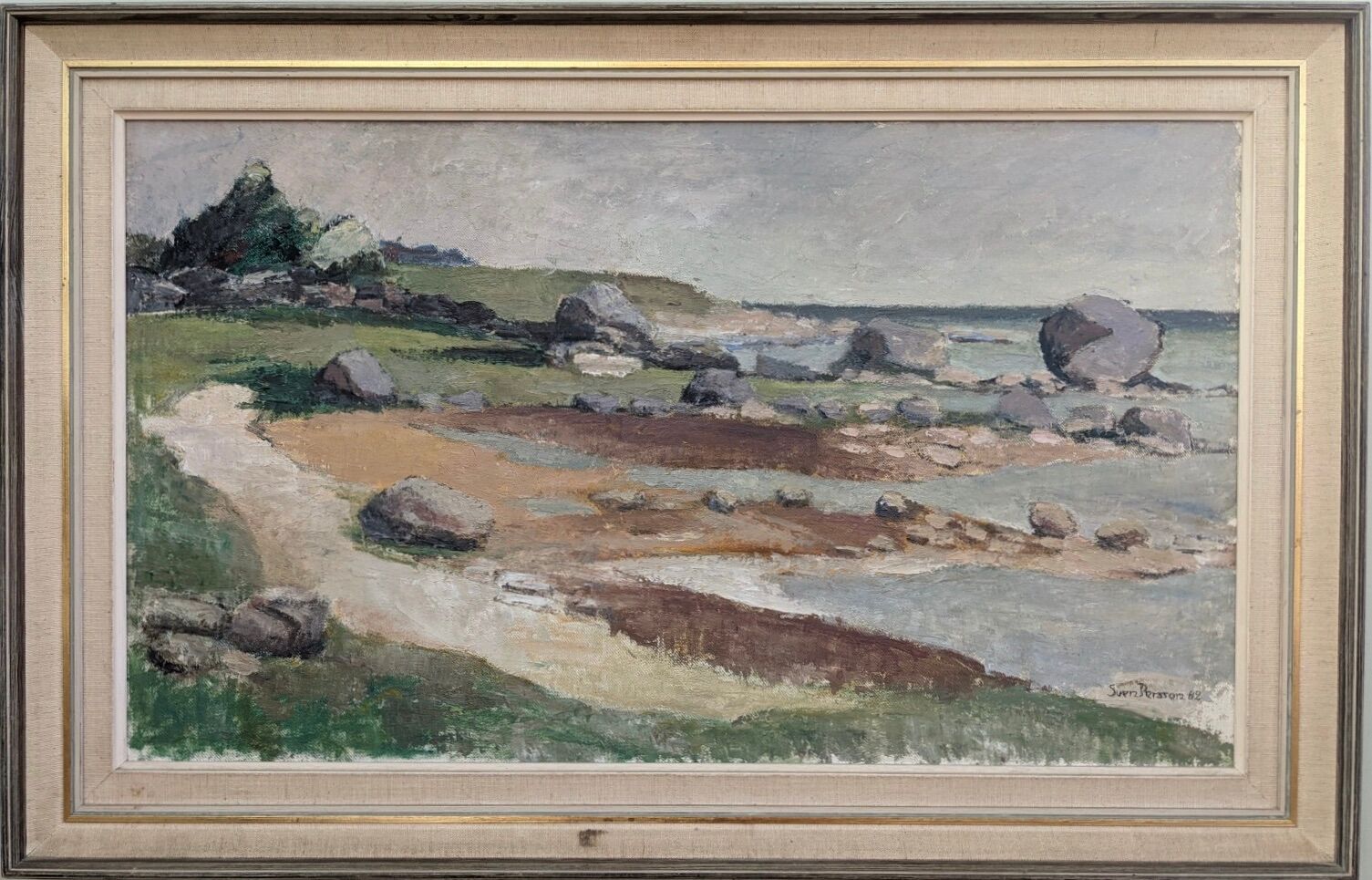 1962 Mid-Century Modern "Rockpools" Swedish Landscape Oil Painting, Framed