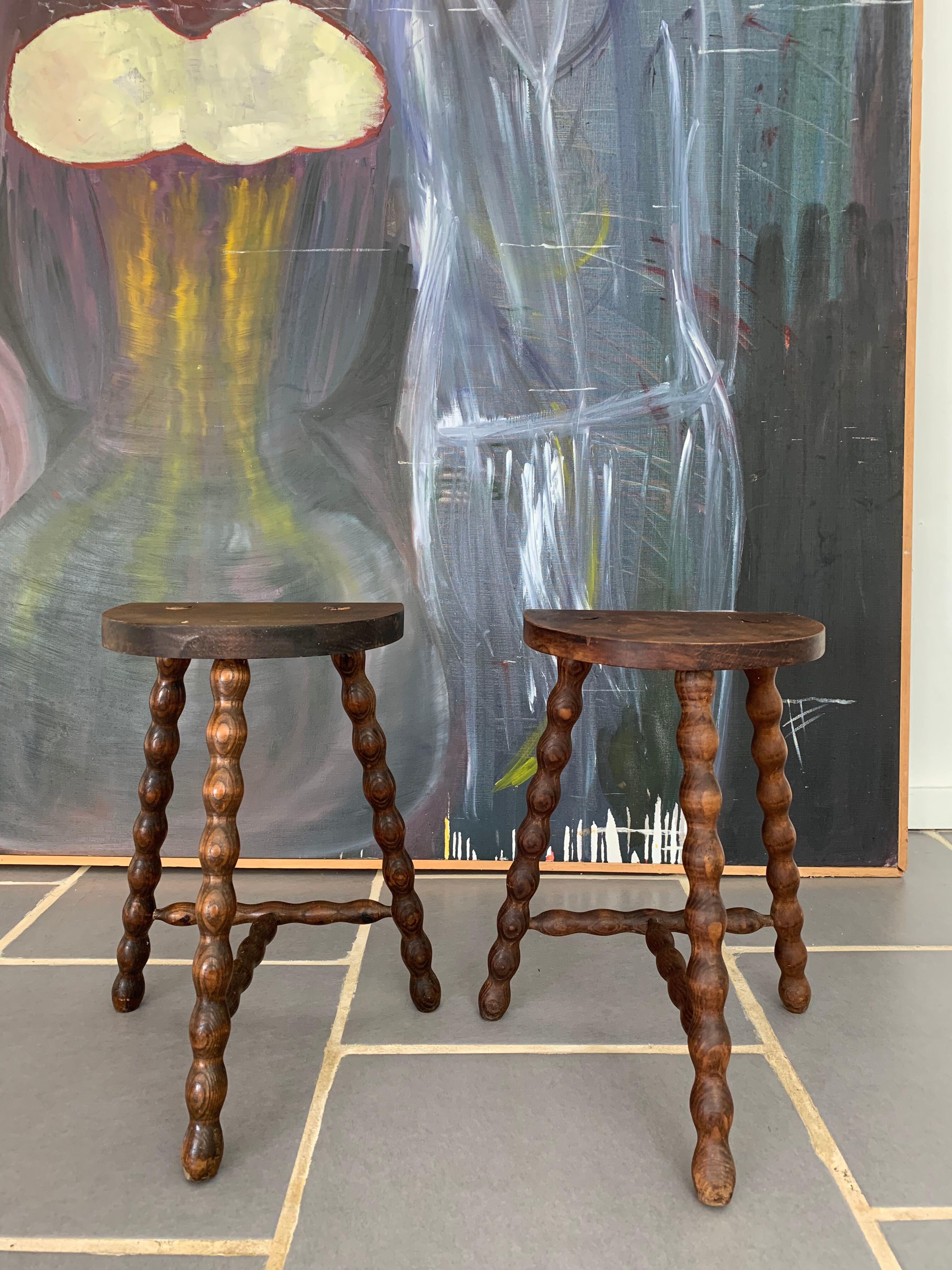 Pair of tripod stools turned wood
