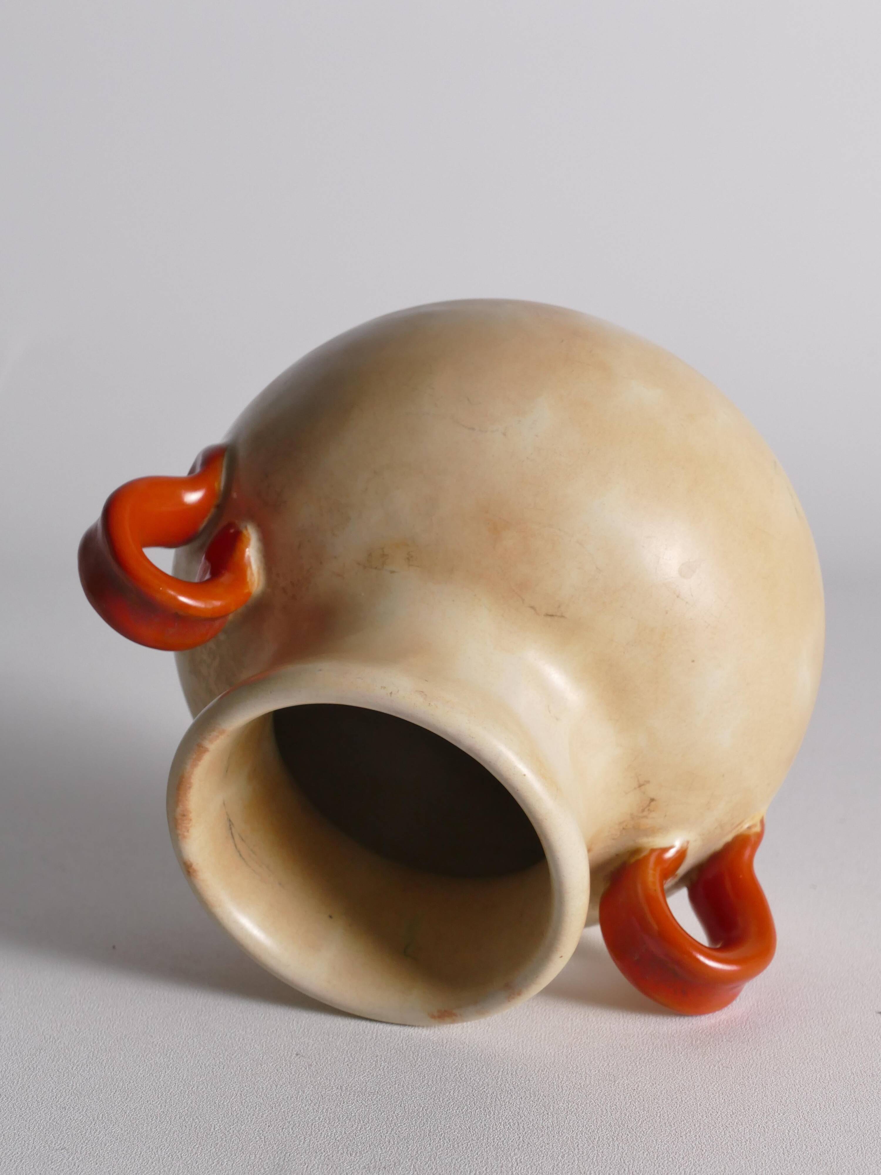 Art Deco Ceramic Beige Vase with Red Handles by Anna-Lisa Thomson, Upsala Ekeby