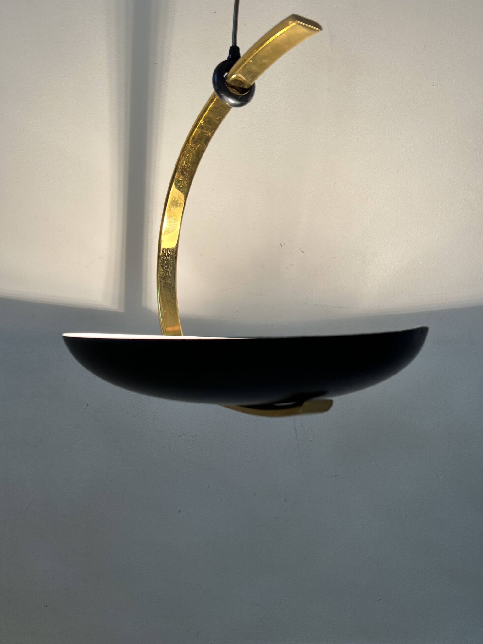 Black metal and brass arc pendant light "Les Activités" by Lucien Gau, Paris 1960
