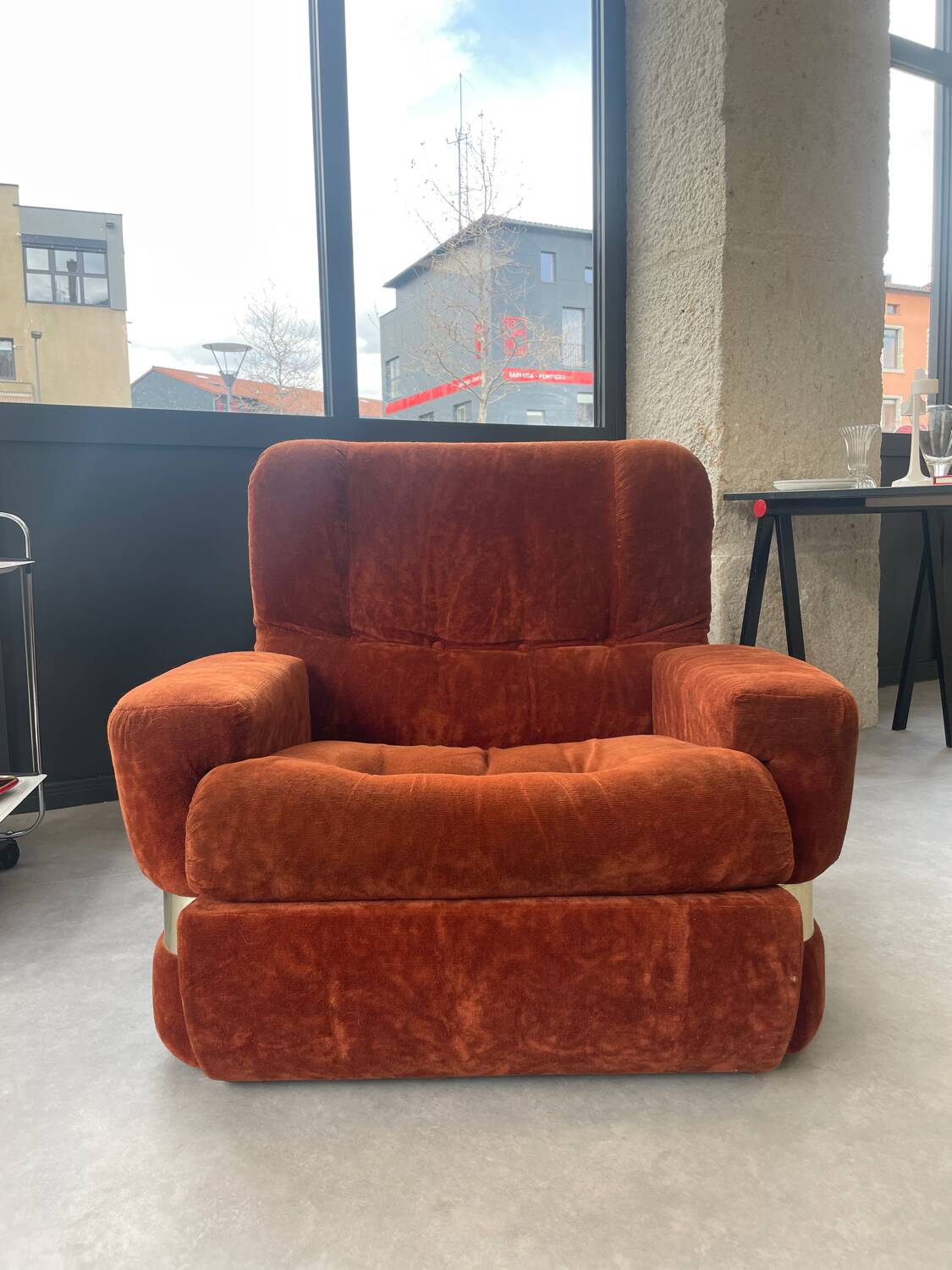 Orange velvet armchair