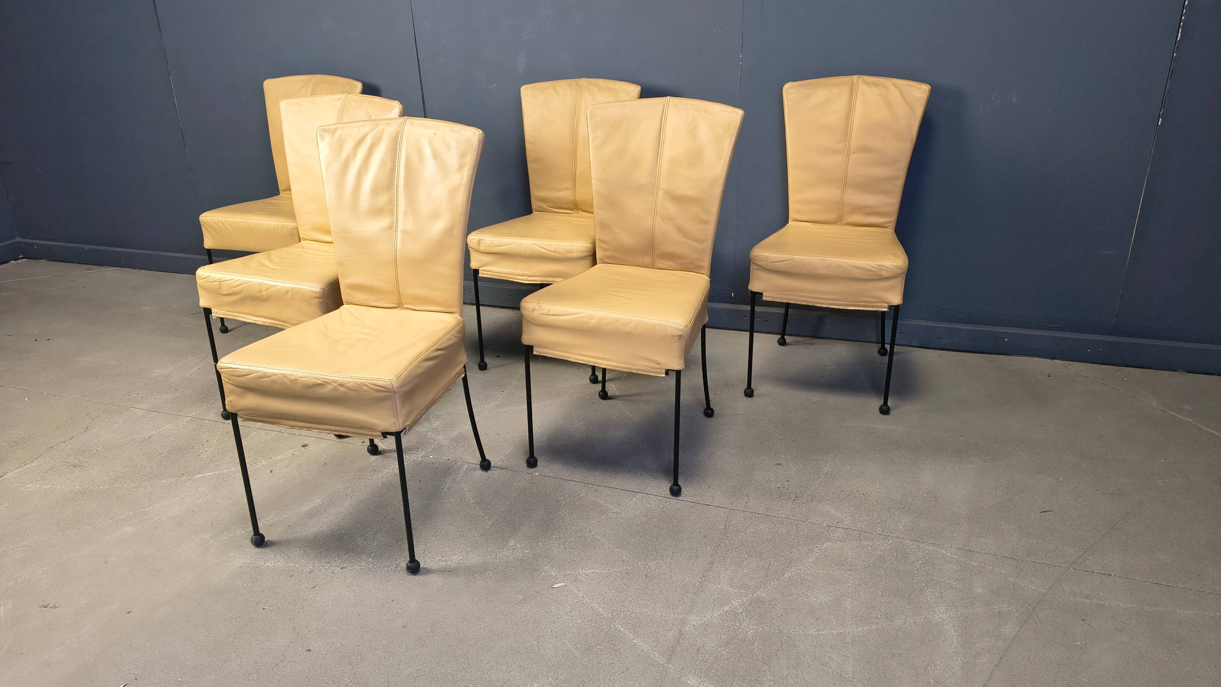 Vintage leather dining chairs, set of 6, 1980s