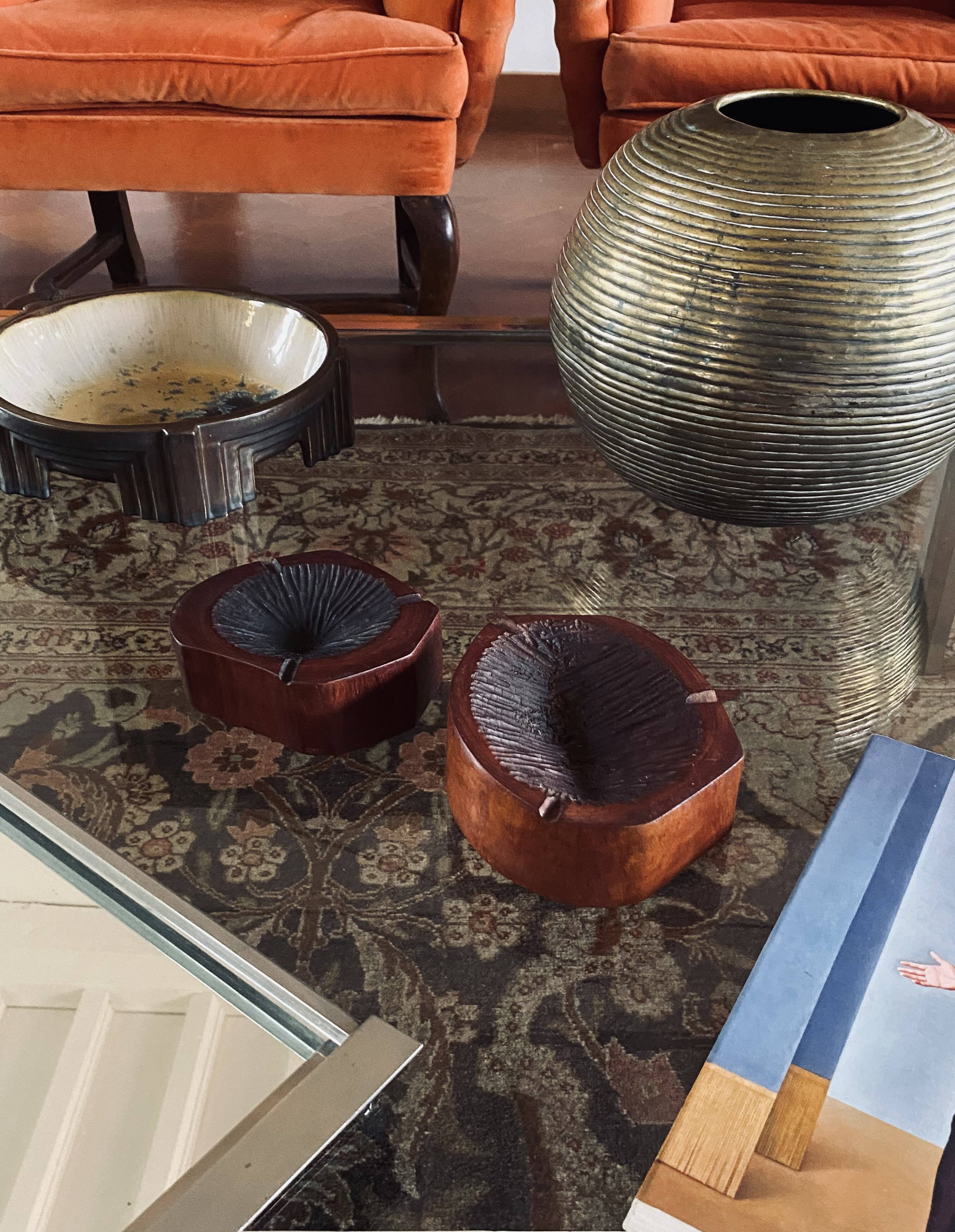 Organic modern set of 2 wood ashtrays, France 1970s