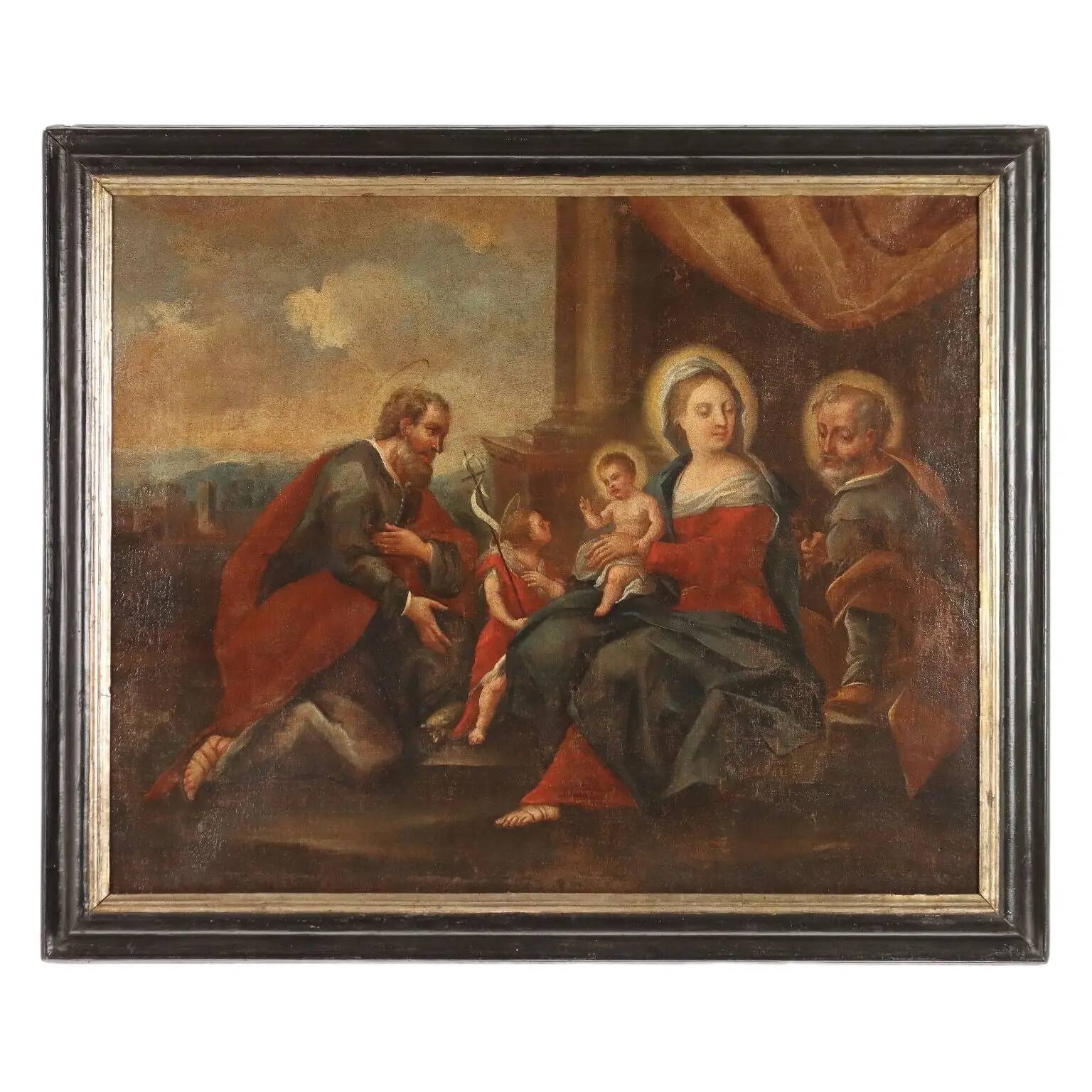 The Holy Family with saints, old painting from the 17th-18th century.