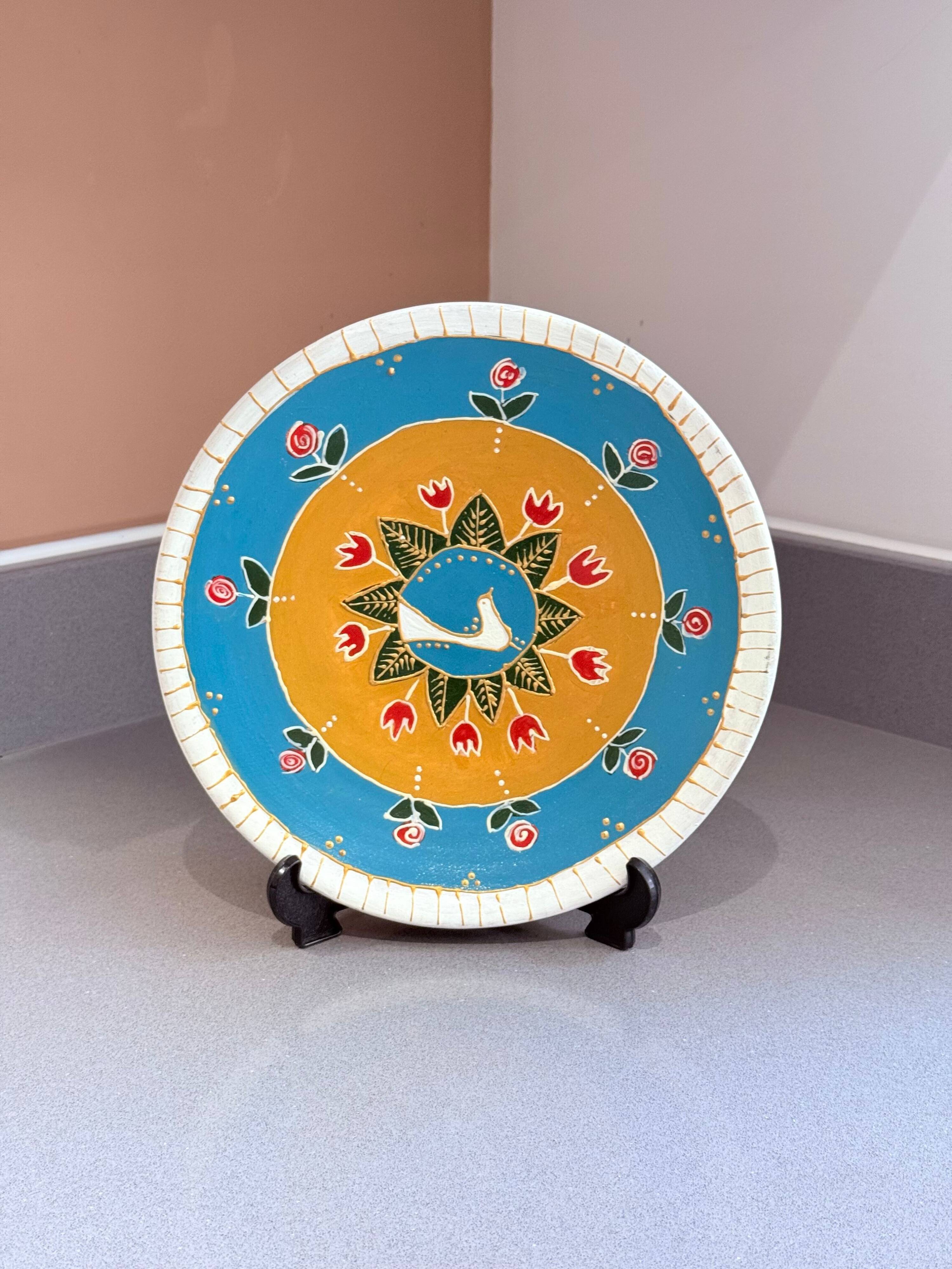 Hand-Painted Wall Decorative Ceramic Plate with Dove & Floral Folk Art Design