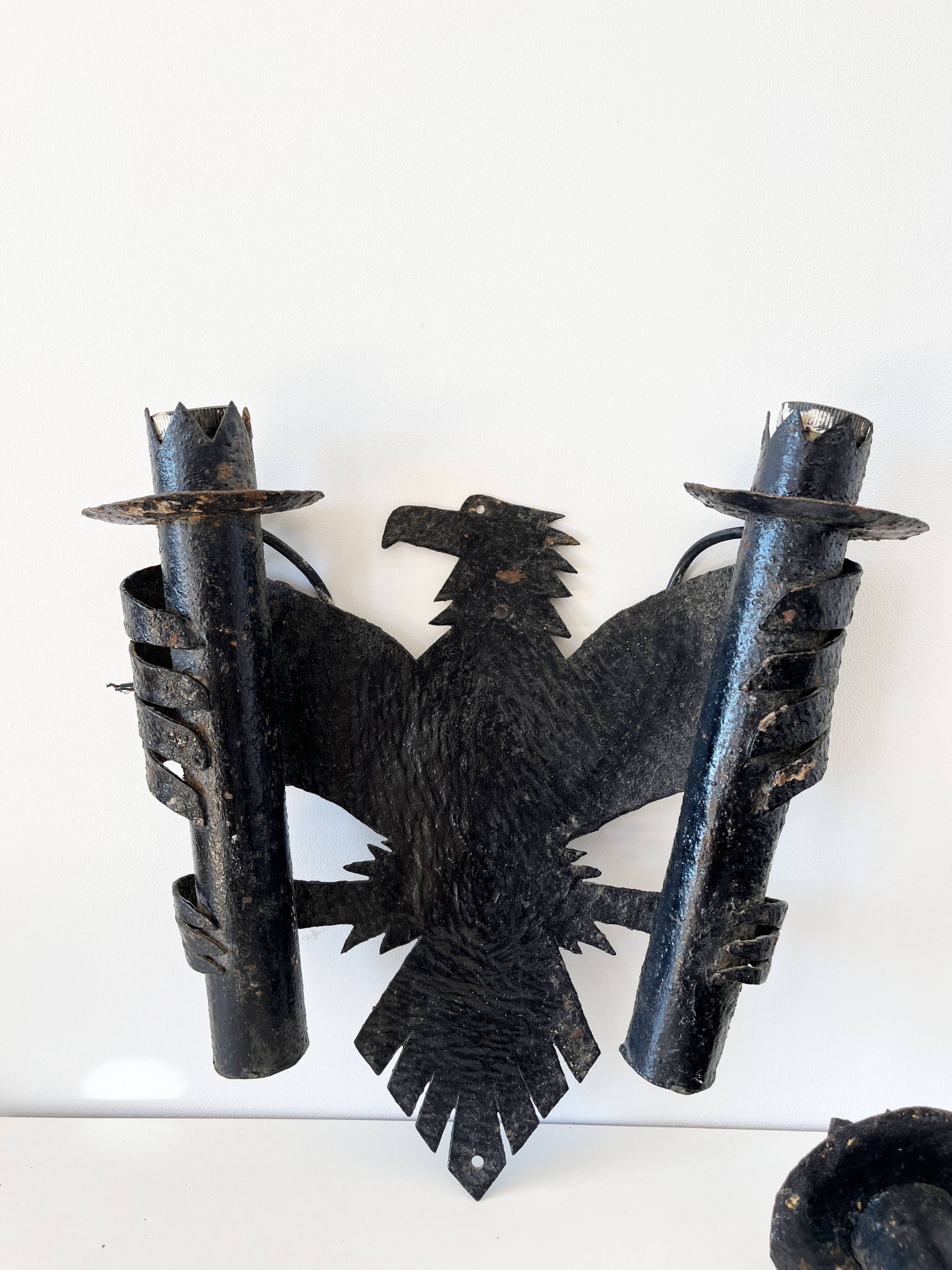 Pair of Brutalist Wrought Iron Eagle Wall Sconces
