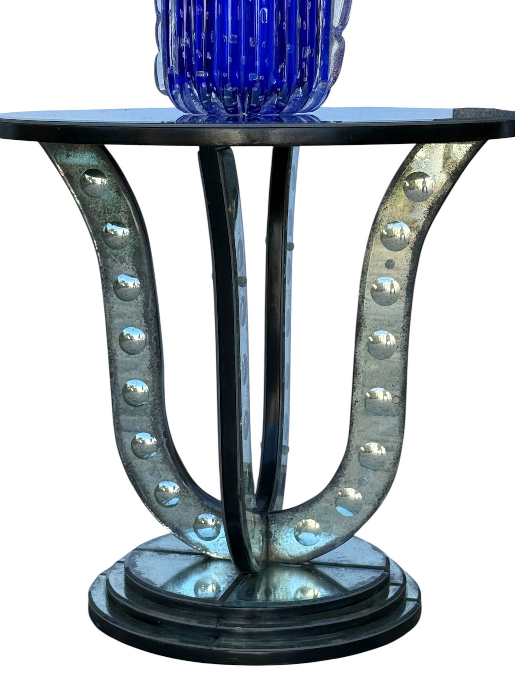 Table / pedestal table in aged glass with bubble decor from the 70s