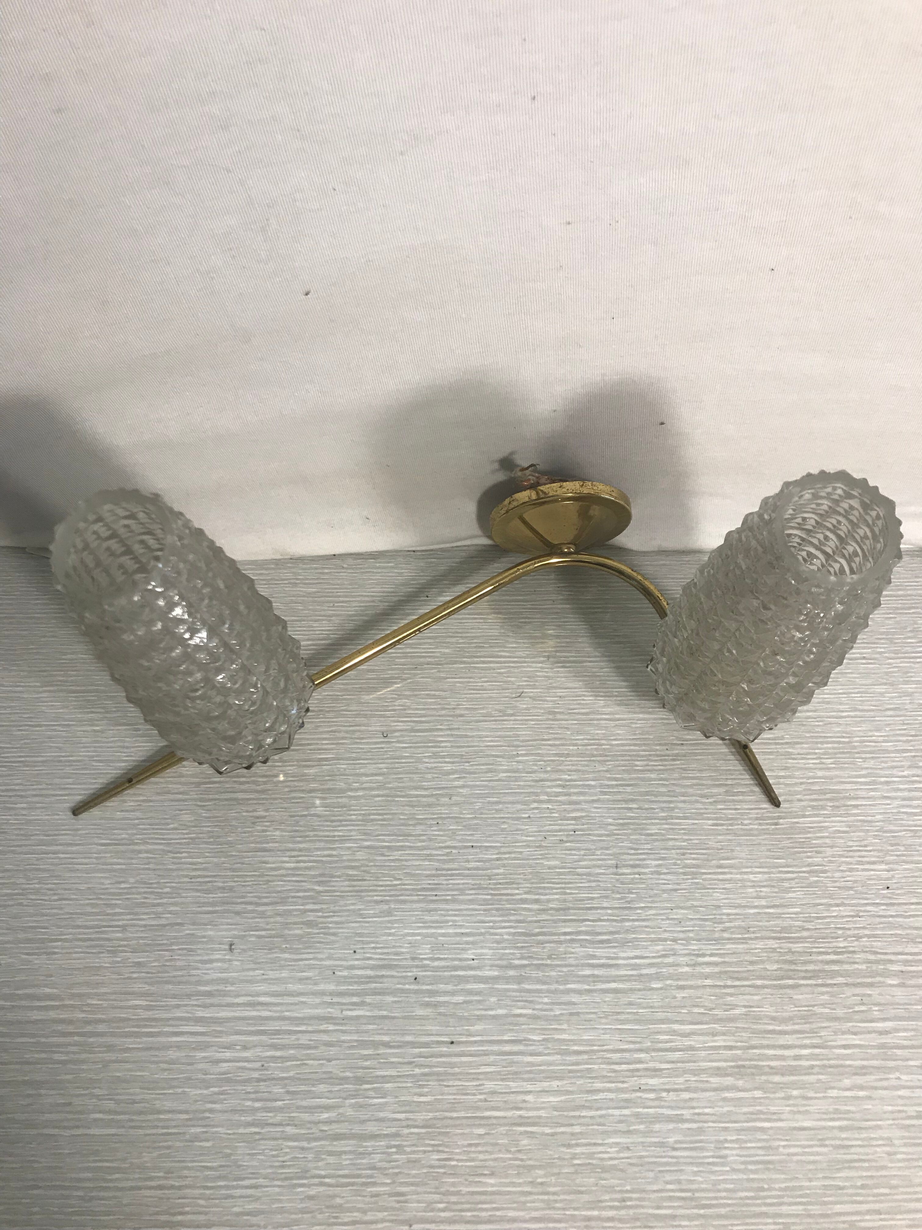 Double old glass wall light golden metal support vintage 70s