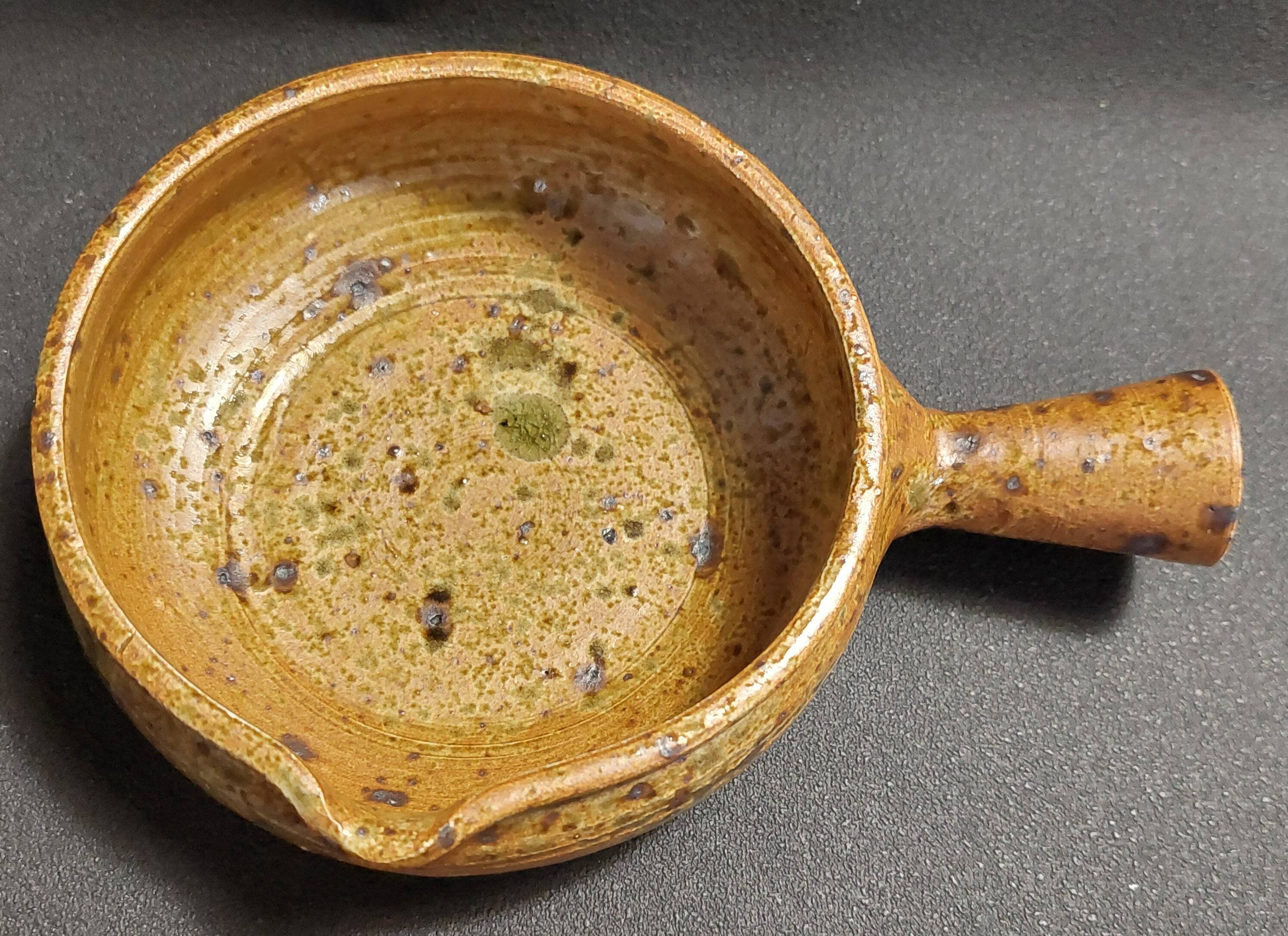 Pyrite stoneware fondue pot pan signed JPG Puisaye 20th century