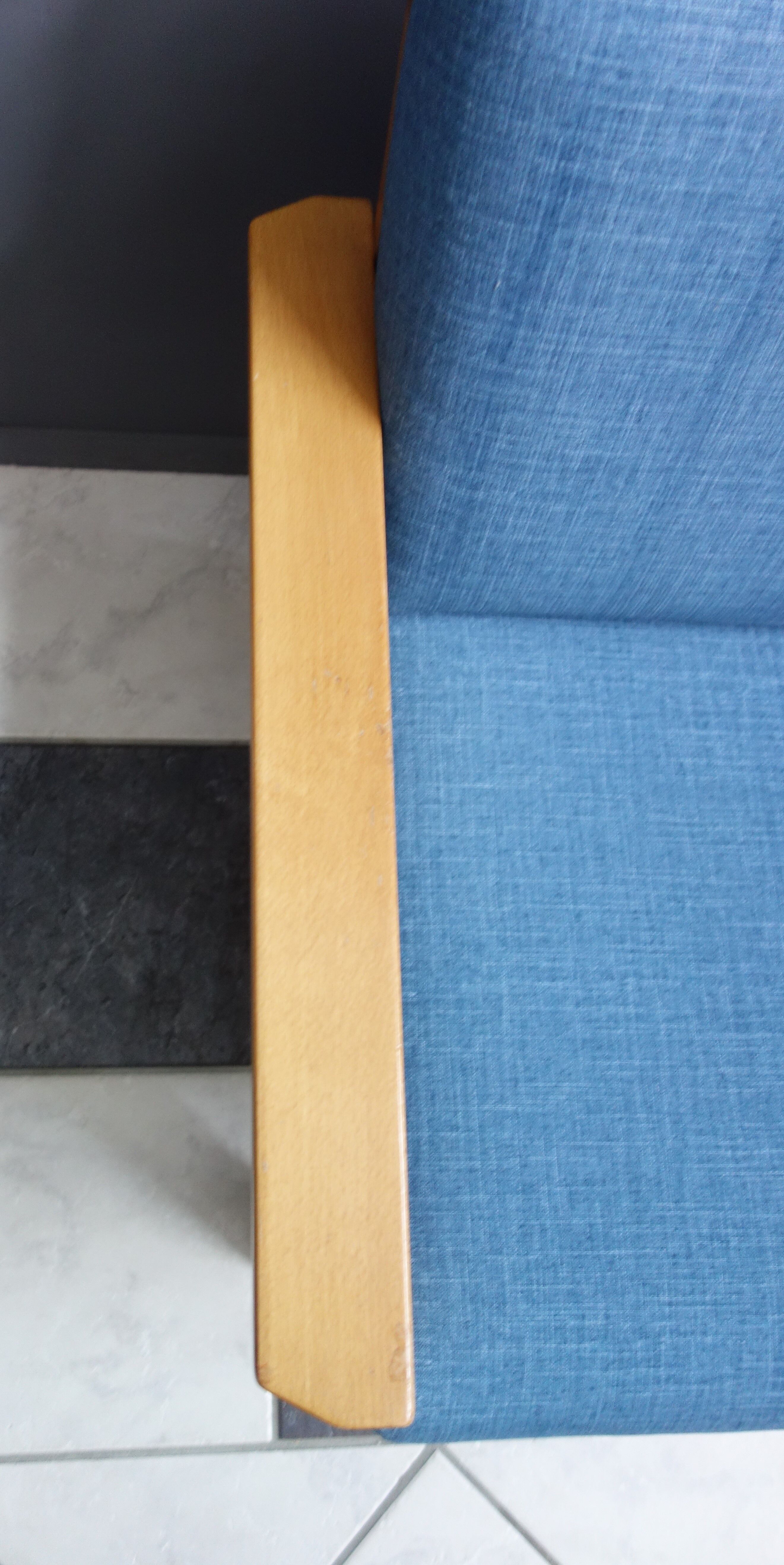 Blue fabric easy chair  in blonde wood frame 1960s