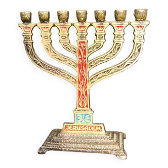 Menorah/jewish 7-branched candlestick/chanukah. israel/jerusalem. in old gold patinated brass