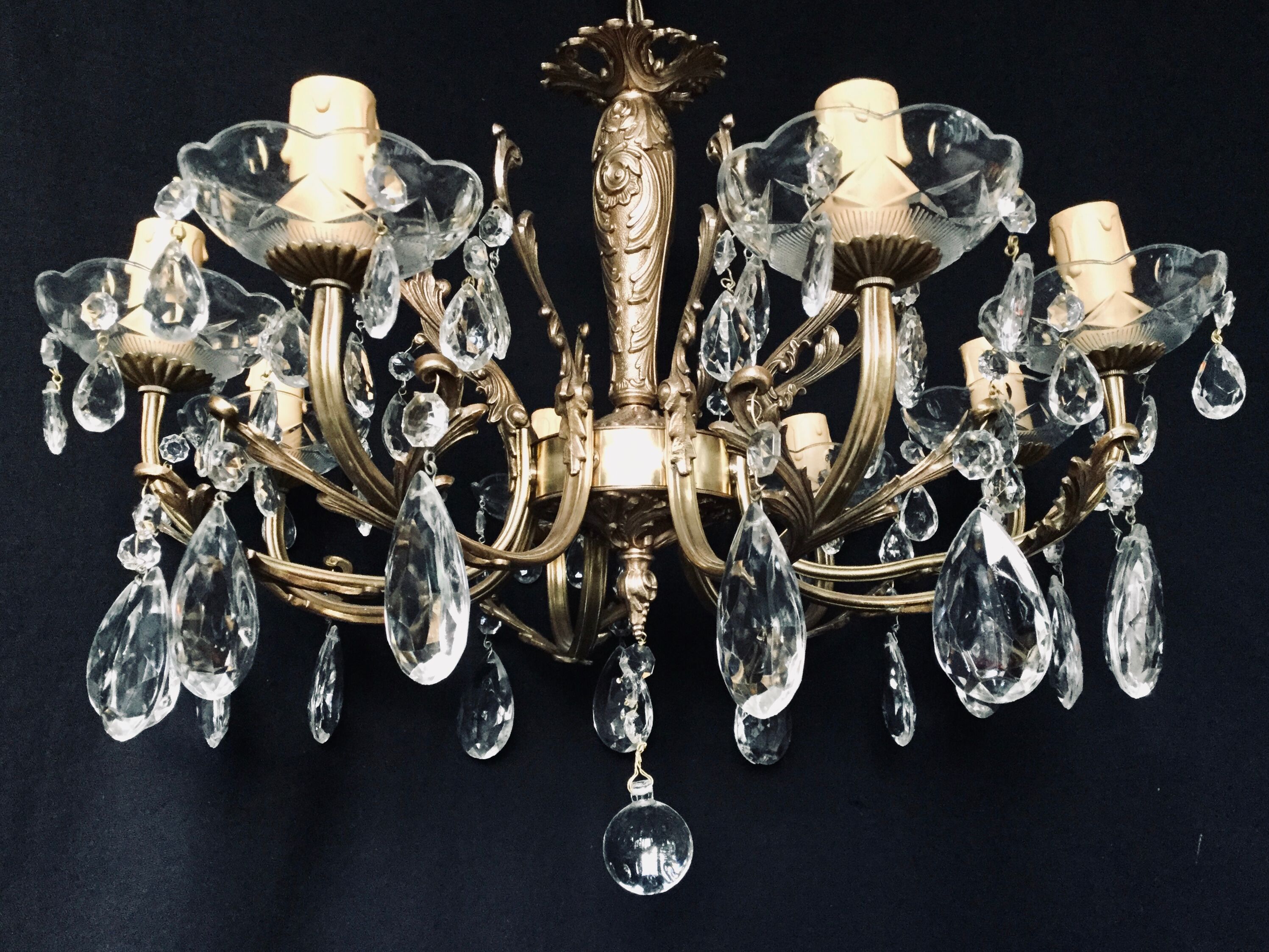 8 lights, crystal, bronze and brass chandelier