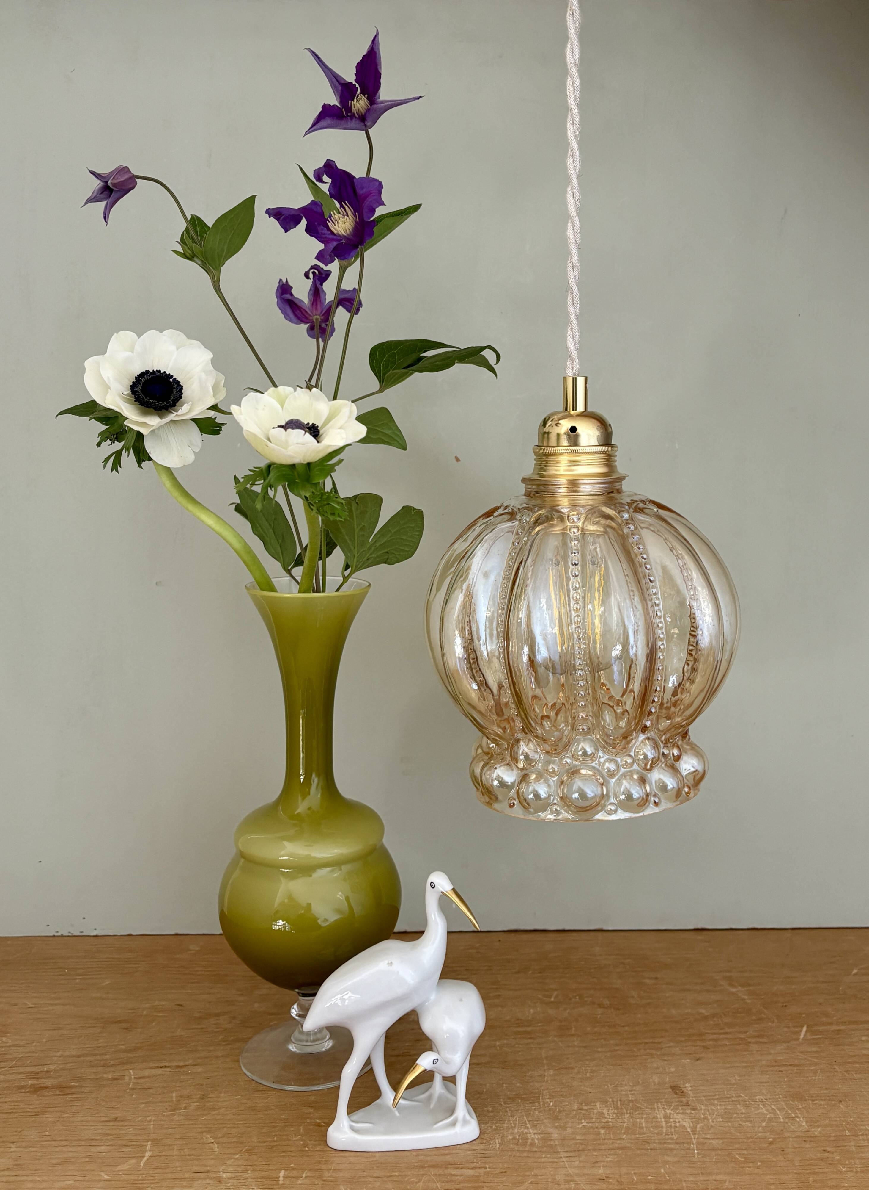 Vintage globe pendant light in amber bubble glass