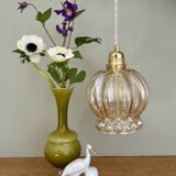 Vintage globe pendant light in amber bubble glass