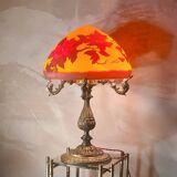 large bronze mushroom lamp with magnificent glass paste signed 7kg h51x33