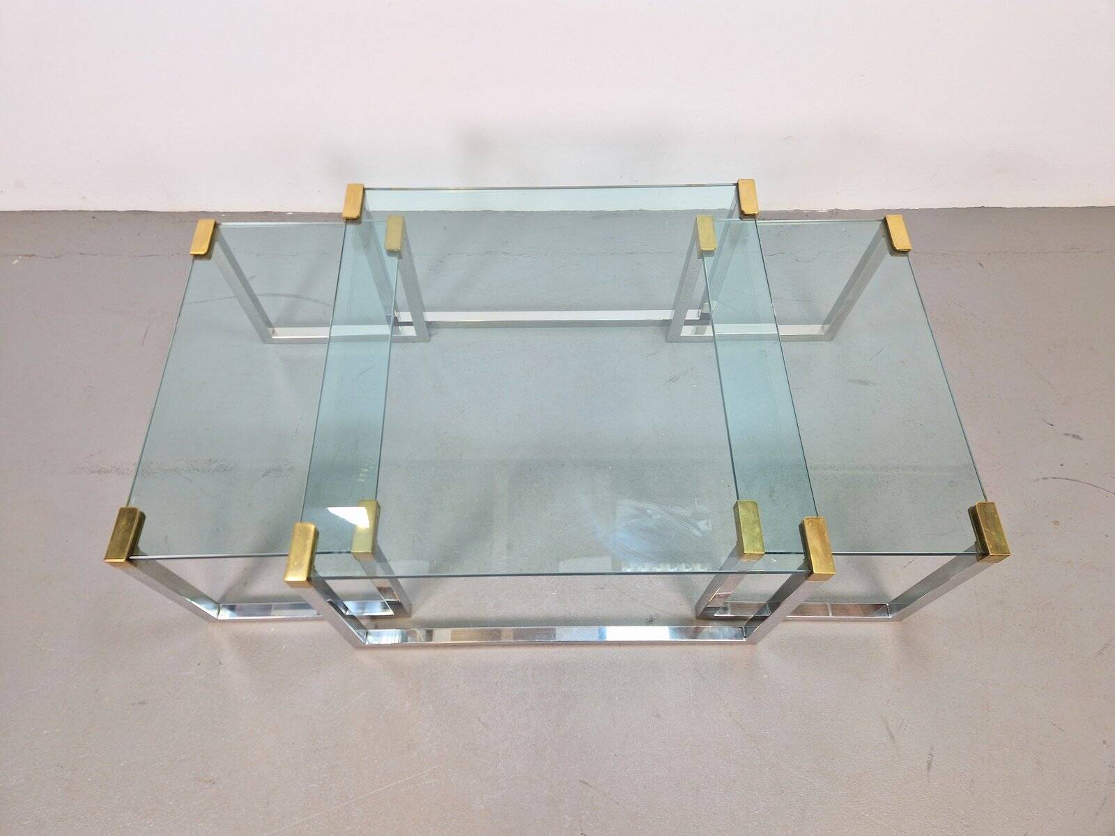 T53 Coffee and Side Tables in Brass and Glass by Peter Ghyczy, 1970s, Set of 3