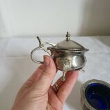 Ancien Saleron et Moutardier en Métal Argenté et Verre Bleu