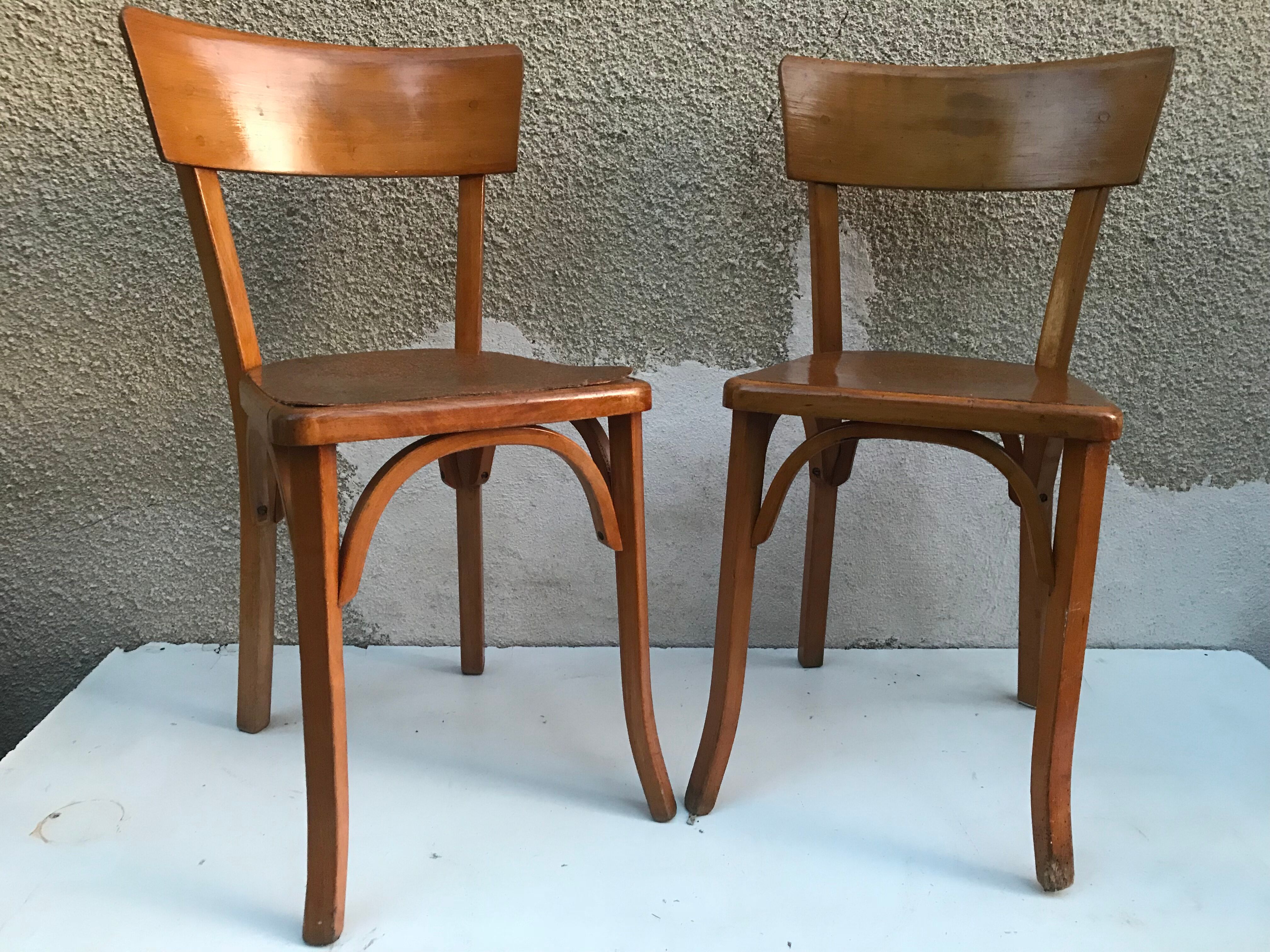 Pair of chairs old signed bistro Baumann wood curved clear vintage