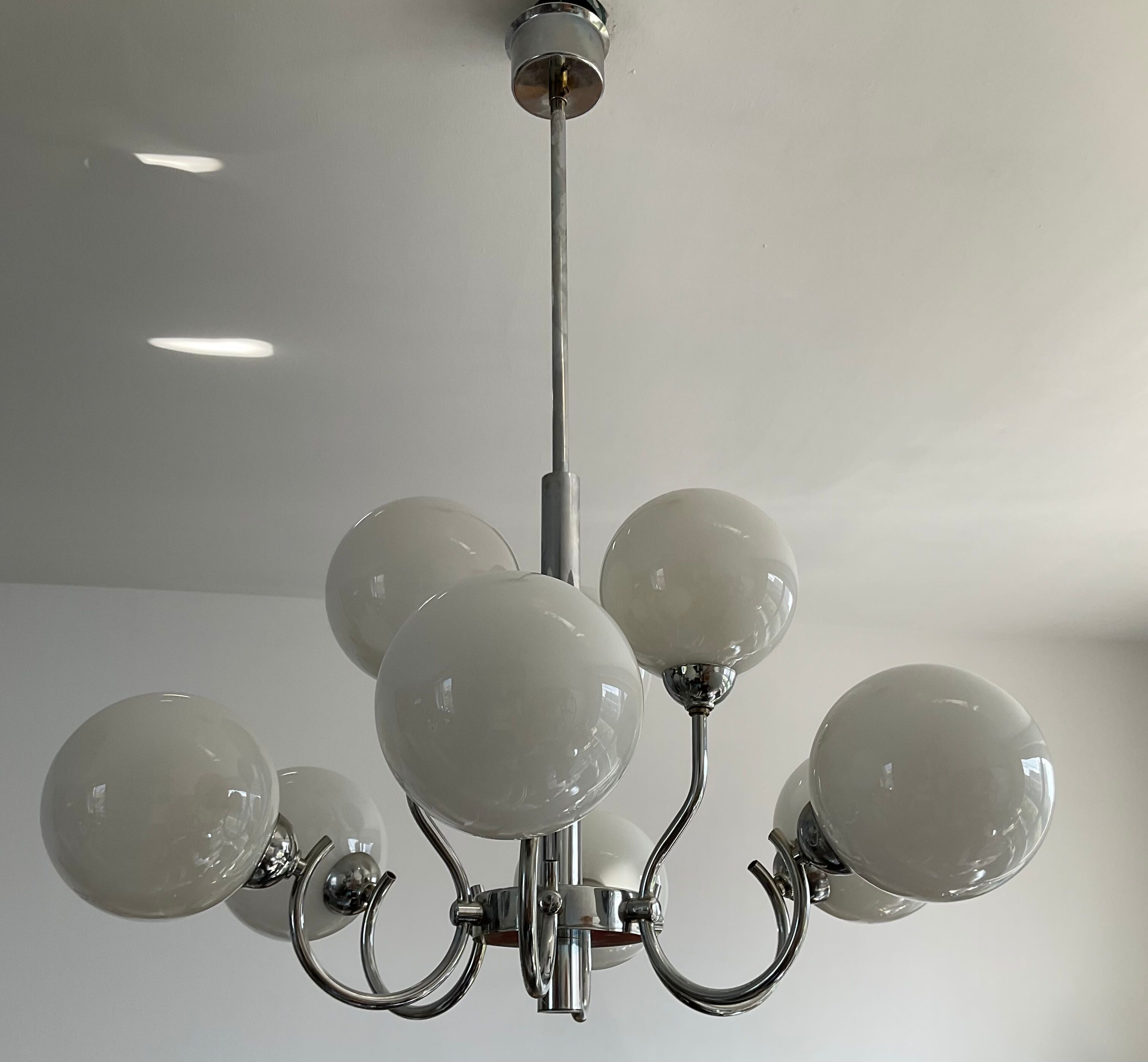 Space age chandelier in opaline and chrome metal