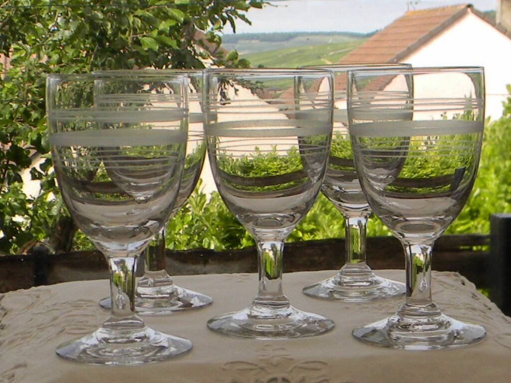 Set of 5 antique bistro glass water glasses.