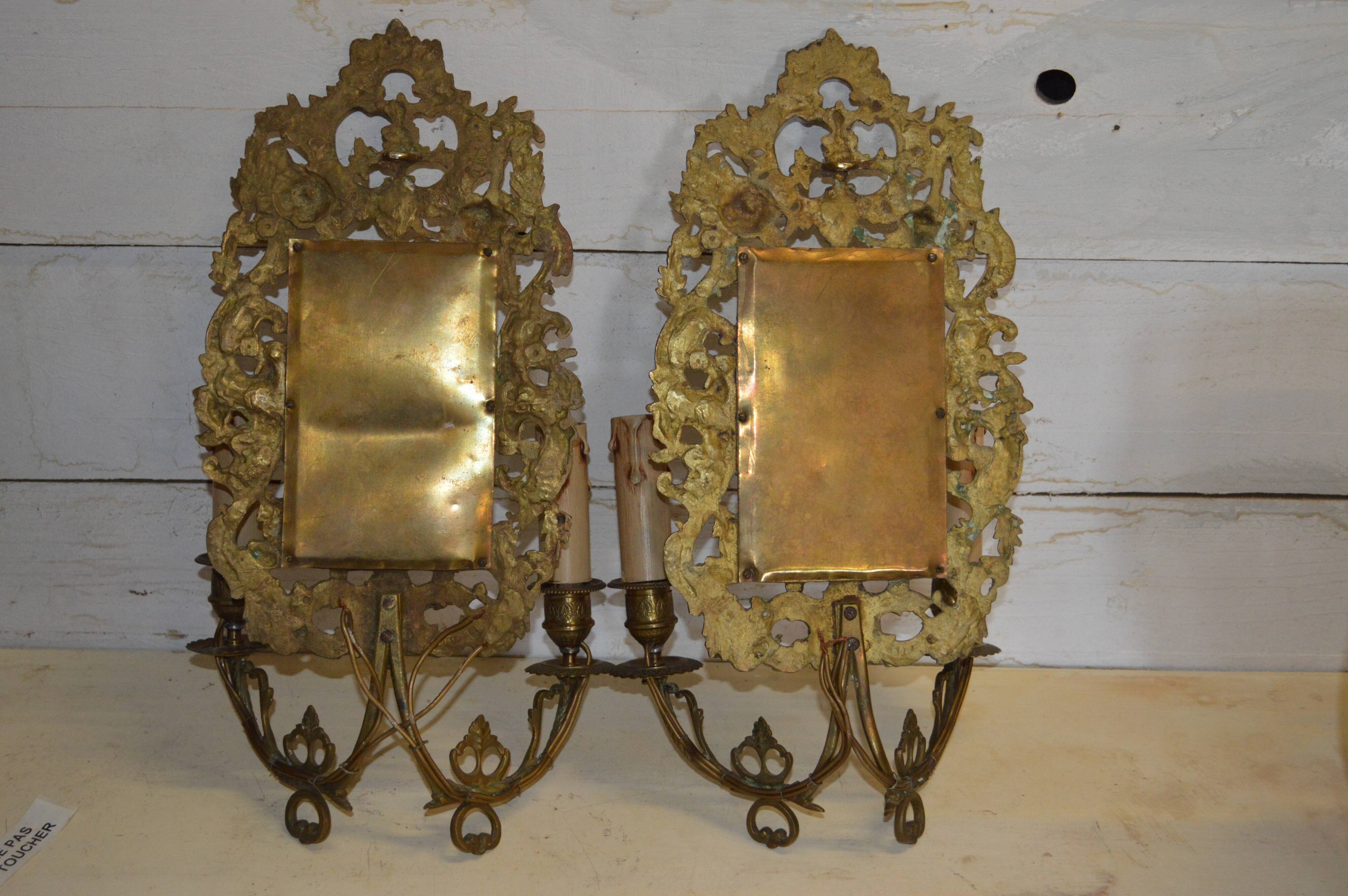 Pair of bronze wall lamp with a mirror