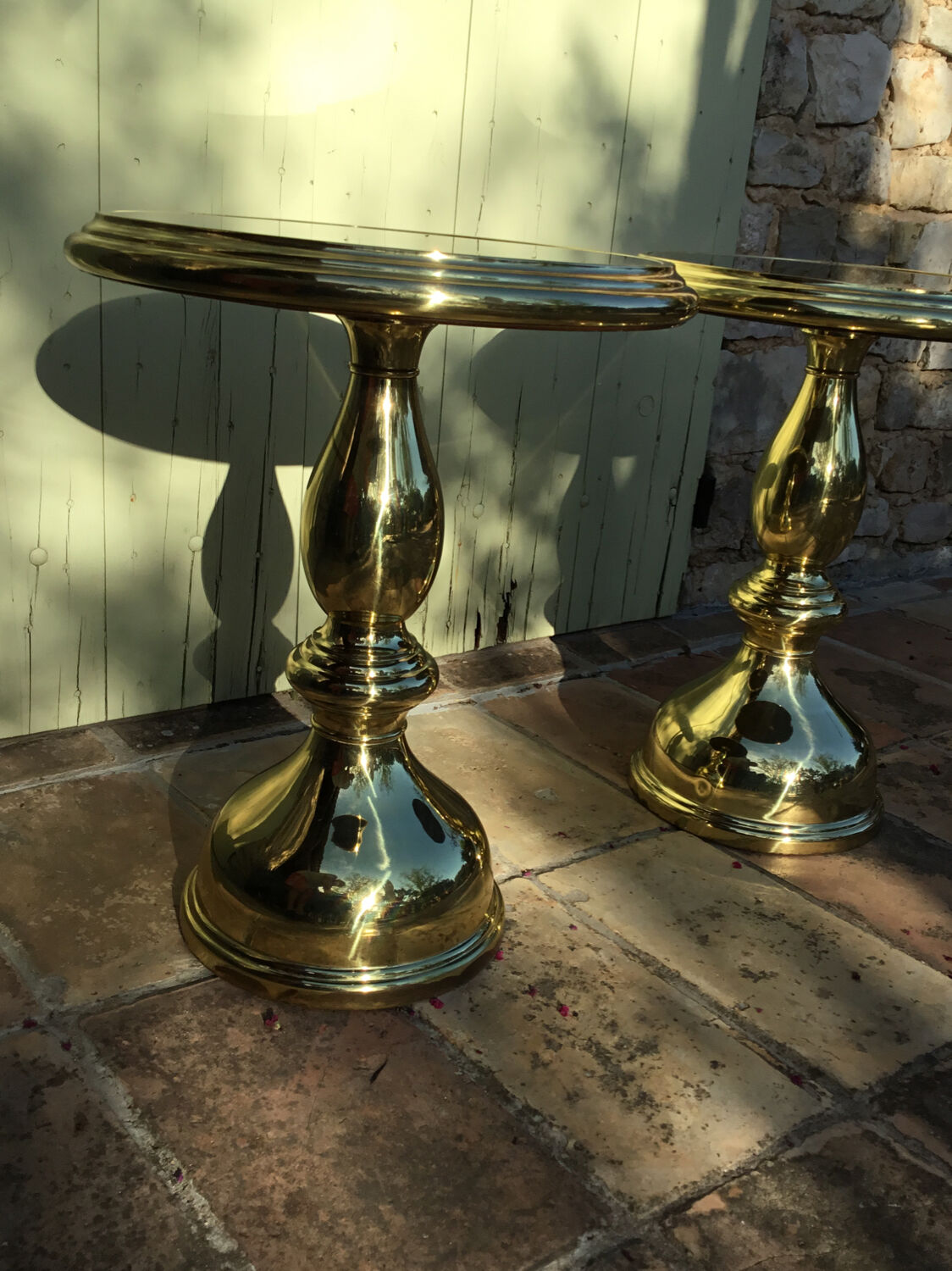 Pair of coffee tables gilded metal smoked glass top