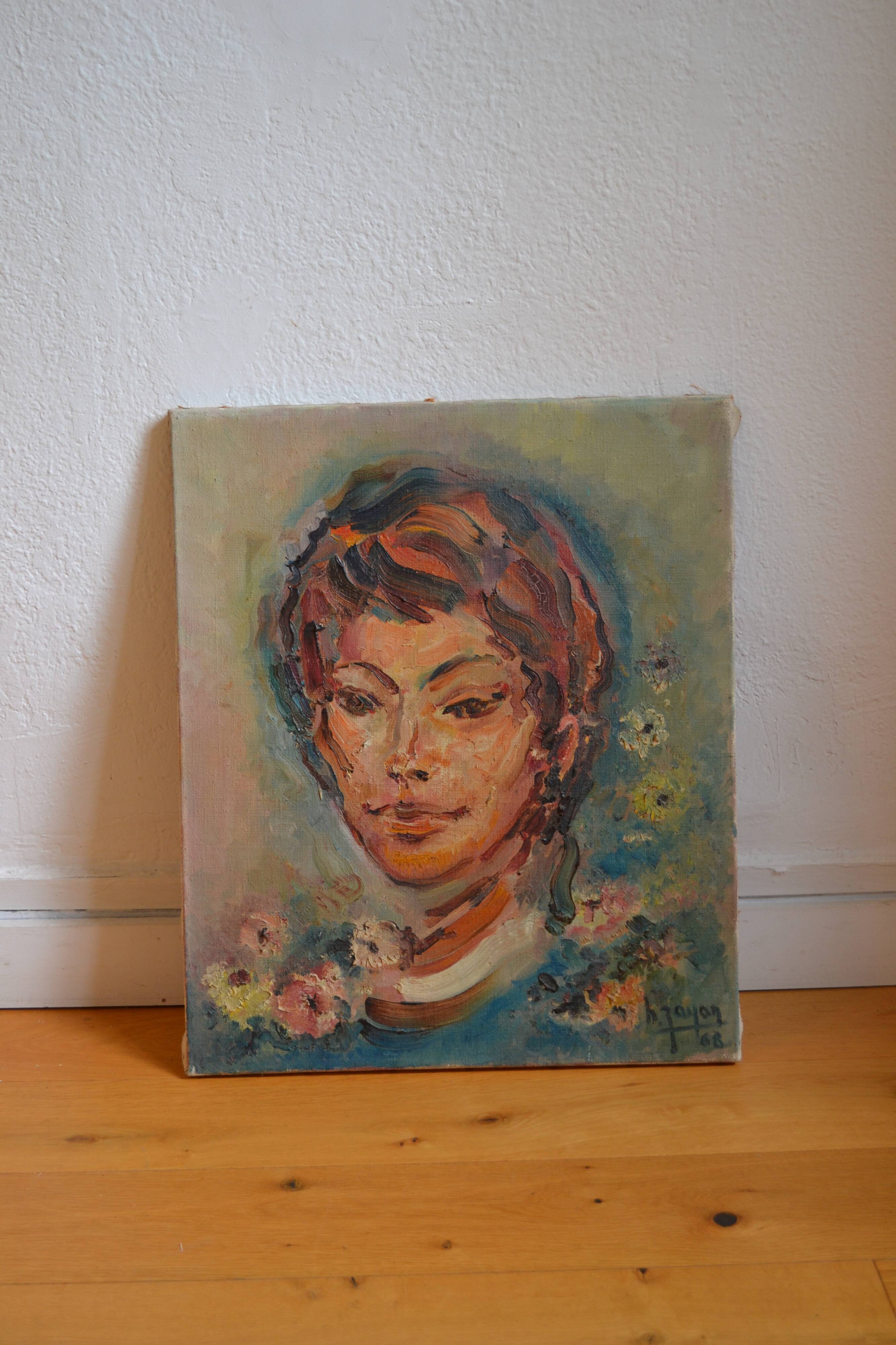 Portrait by Henri Zayan, HST painting, French school, mid-20th century.