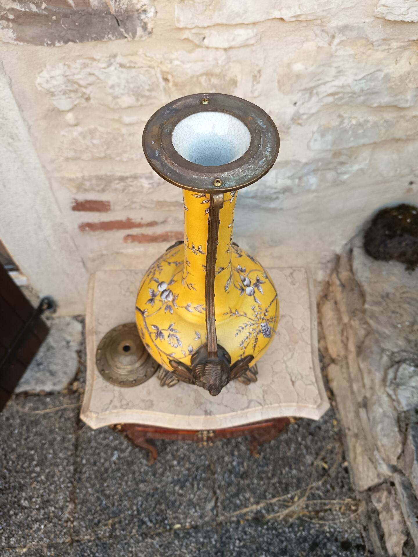 Large lamp base - 43 cm - yellow earthenware with polychrome glazes - 20th century