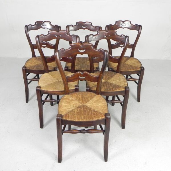 Set of 6 farm chairs with wicker seats, around 1900
