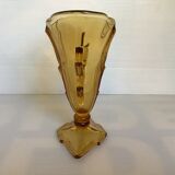 Old yellow glass vase triangular handles diamond base