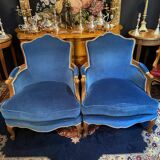 Pair of Louis XV style blue velvet bergère armchairs