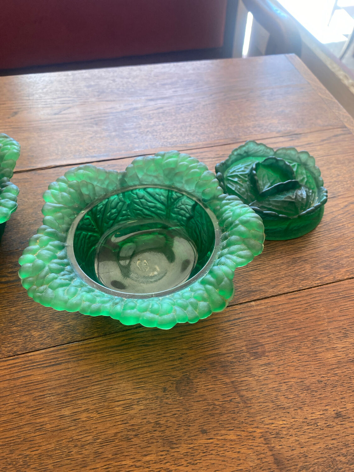 Pair of opaline sweet jars in the shape of a cabbage.