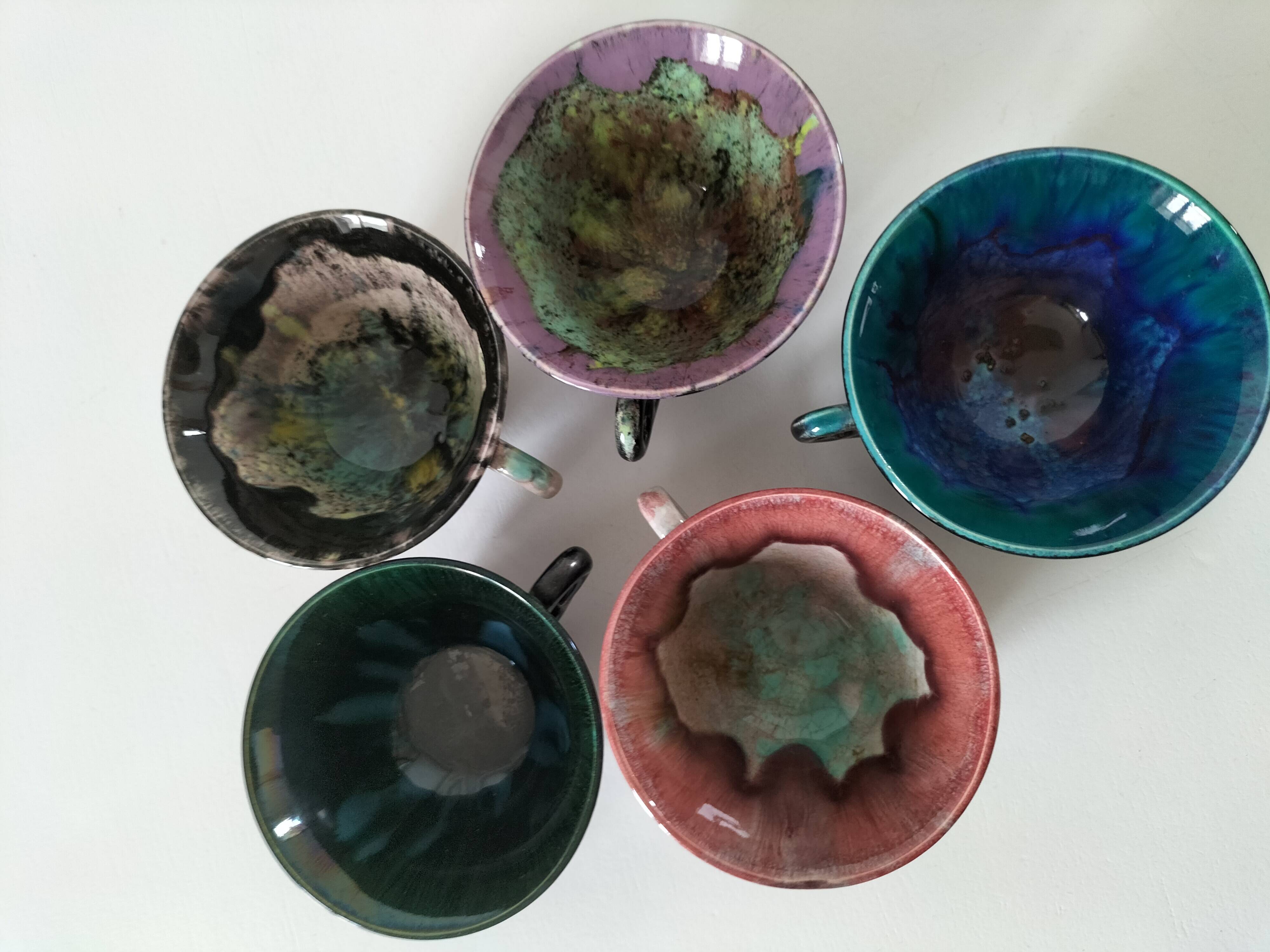 5 tasses Gaubier Morvan grès émaillé flammé multicolore