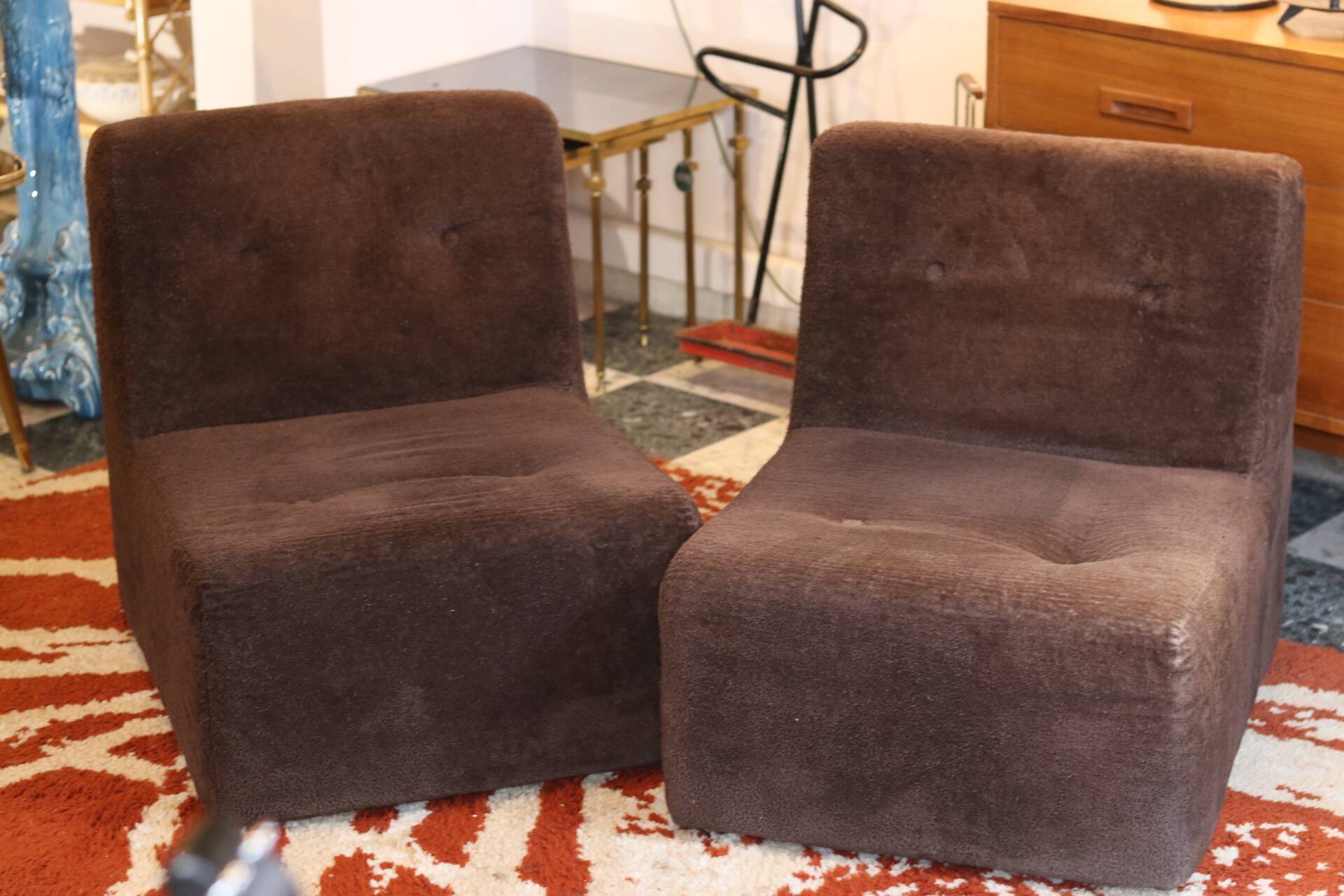 Pair of vintage brown fabric armchairs