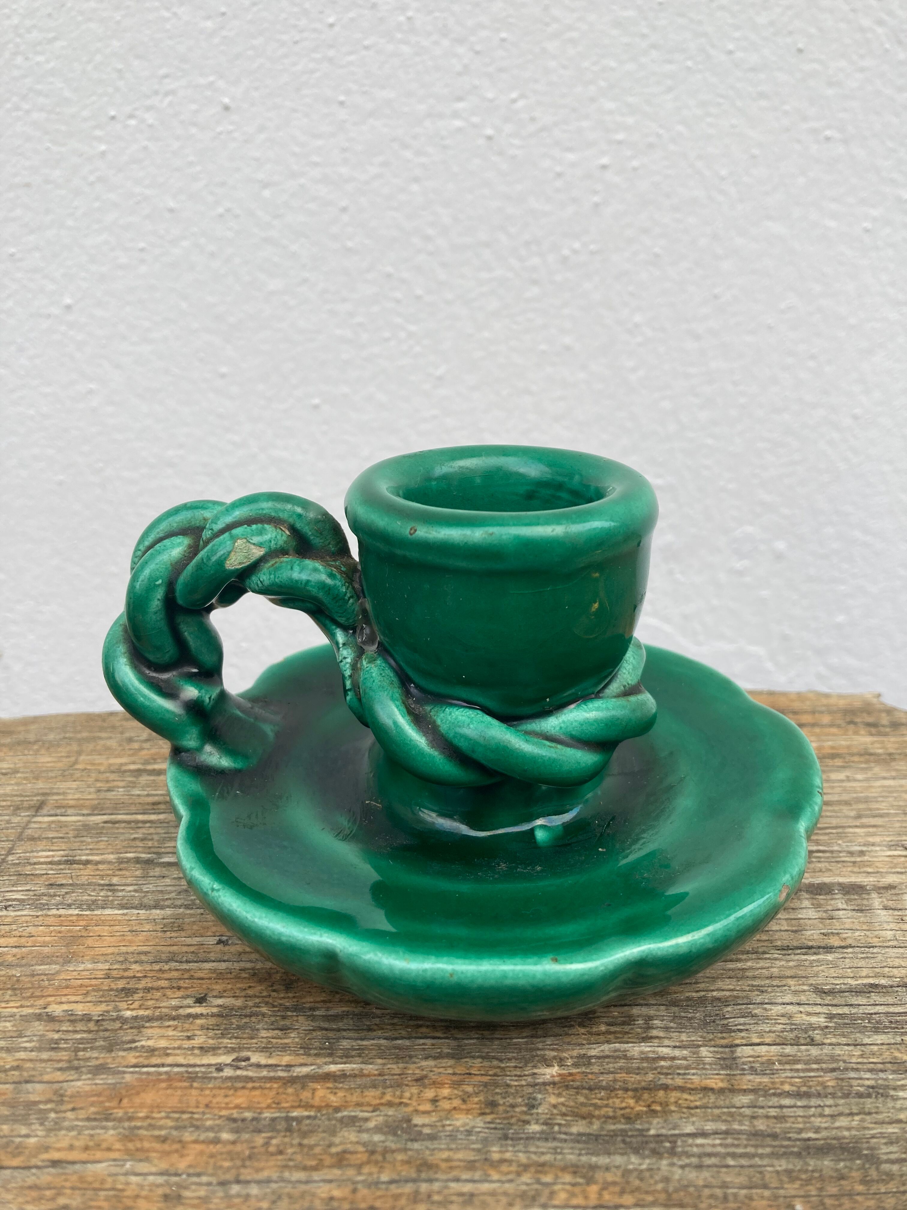 Vallauris candle holder in vintage green ceramic 1970