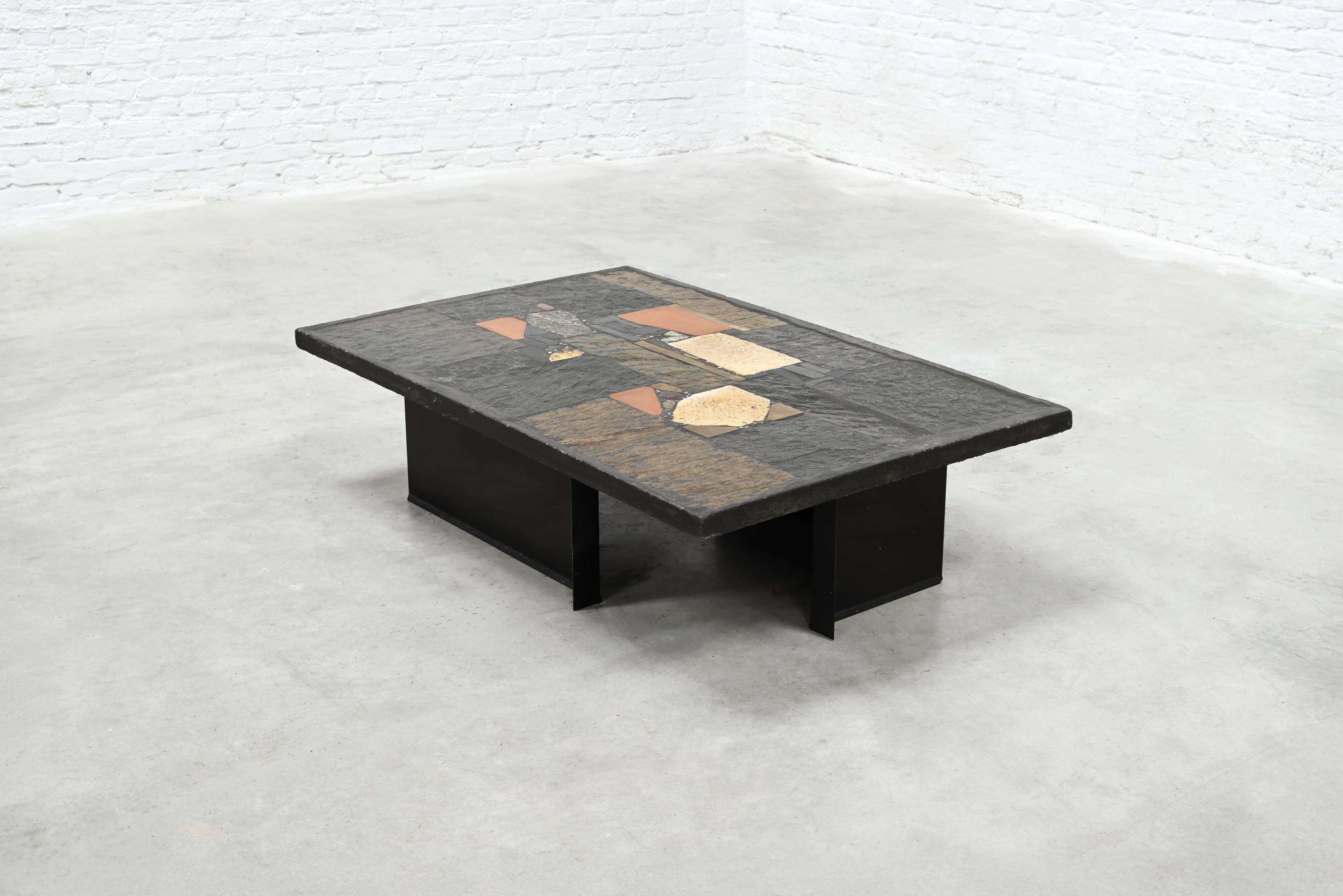 Paul Kingma slate, stone and brass inlaid coffee table, 1970s