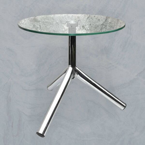 Table d’appoint tripode moderniste en verre trempé et métal chromé