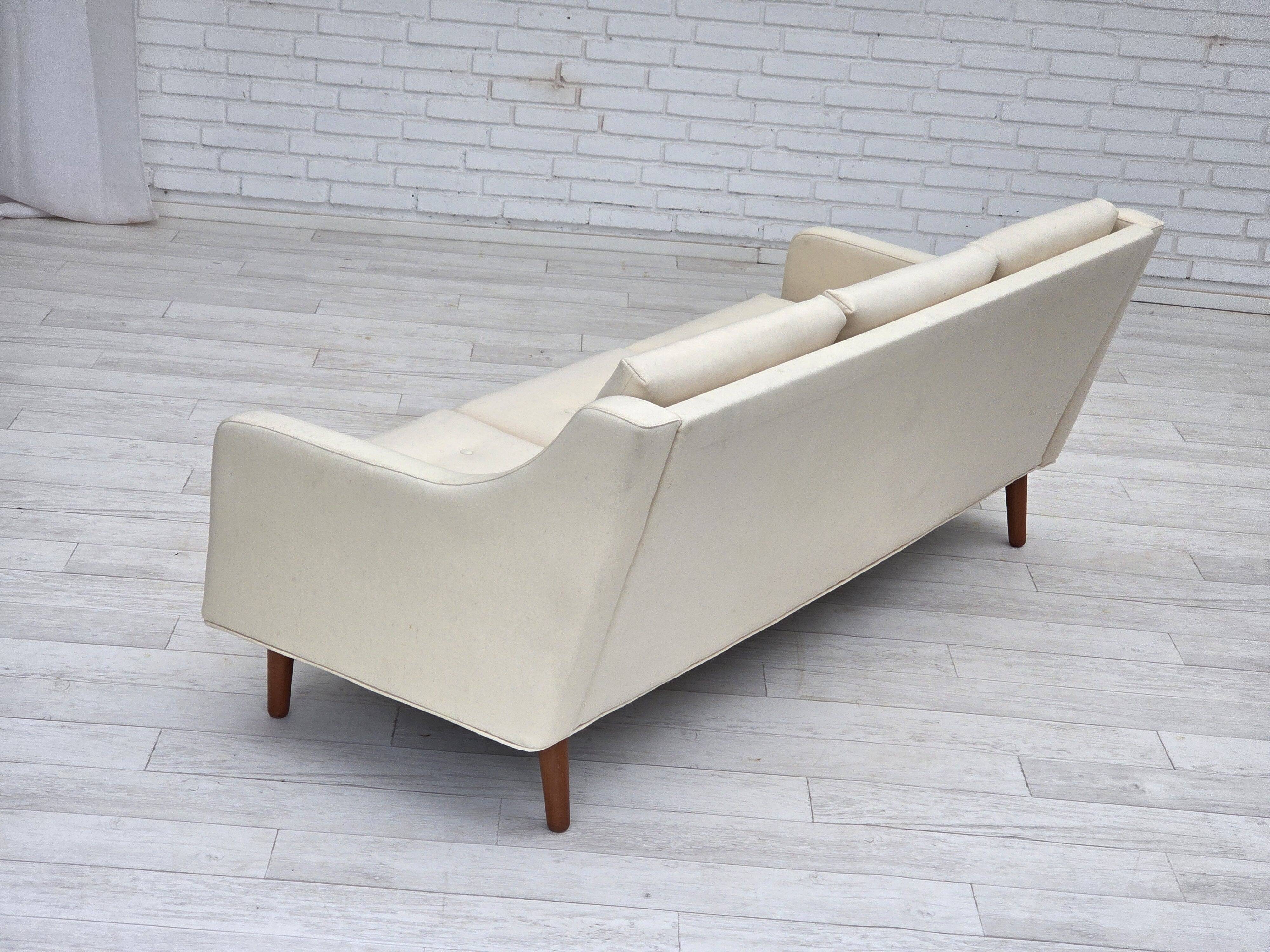 1970s, 3-seater Danish sofa, beige/white furniture wool, teak wood legs.