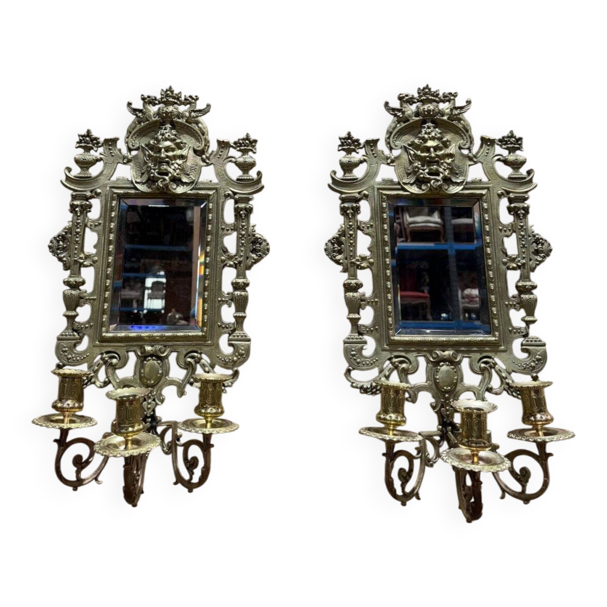 Pair of mirrors with candle holders in bronze signed FC Paris Napoleon III