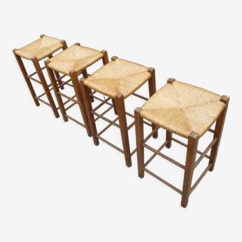 Set of 4 bar stools wood and straw